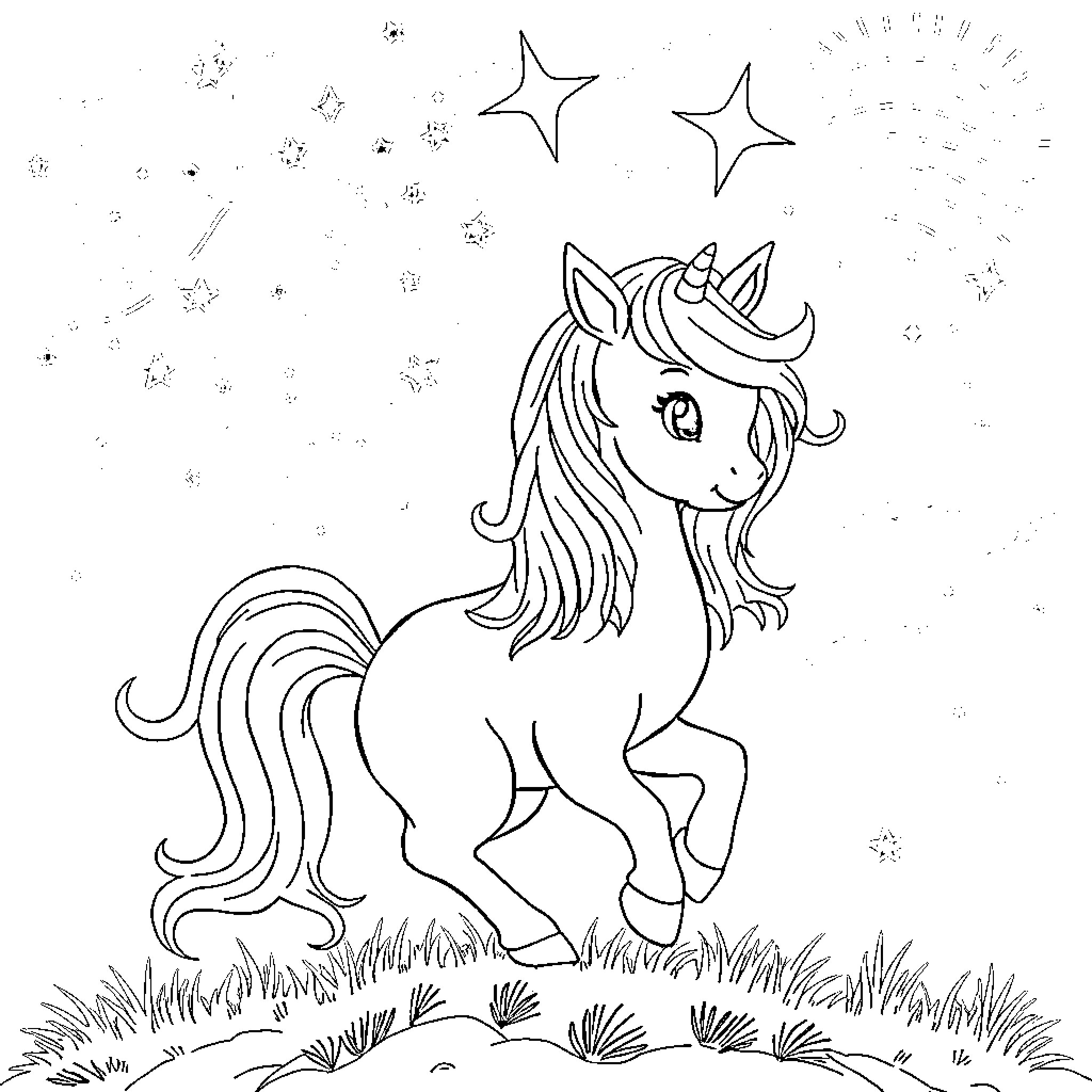 Reno's Magical Unicorn Enchantment Coloring Page (free black-and-white line drawing printable PDF for all, from beginners to advanced learners, including children, teens, adults, and seniors)