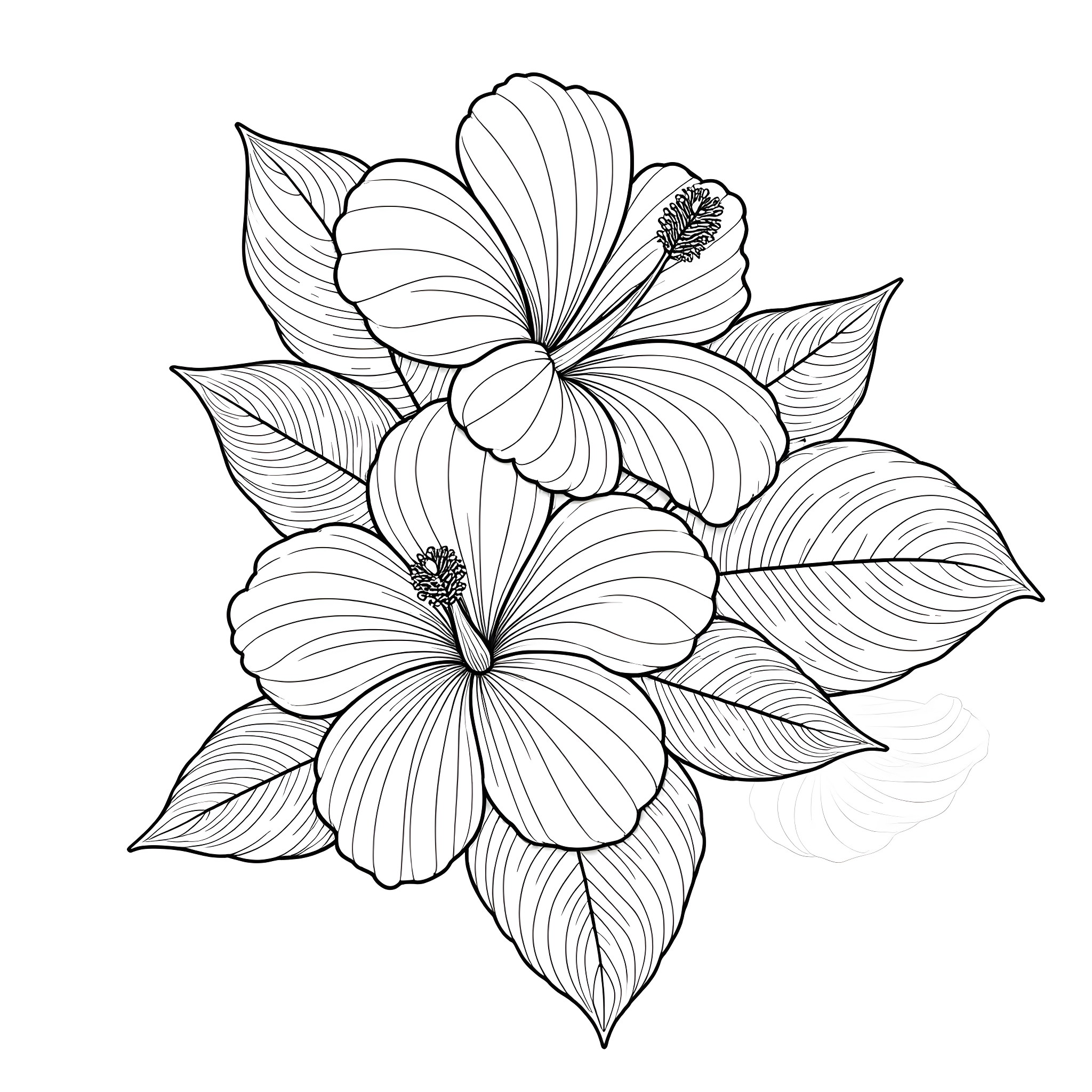 Hibiscus flowers with detailed petals and leaves Coloring Page (free black-and-white line drawing printable PDF for all, from beginners to advanced learners, including children, teens, adults, and seniors)