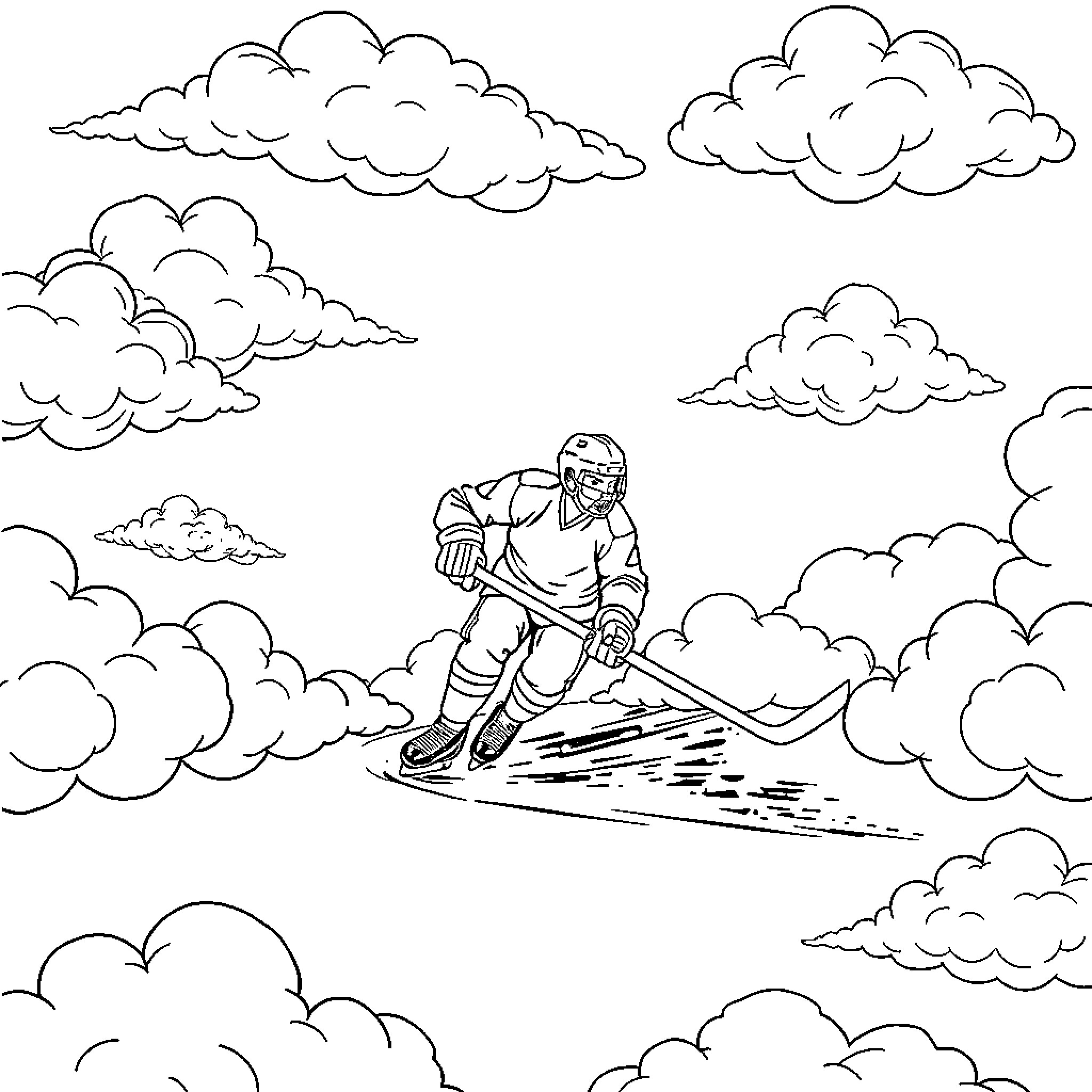 Hockey Player Skating Across the Snowy Landscape Coloring Page (free black-and-white line drawing printable PDF for all, from beginners to advanced learners, including children, teens, adults, and seniors)