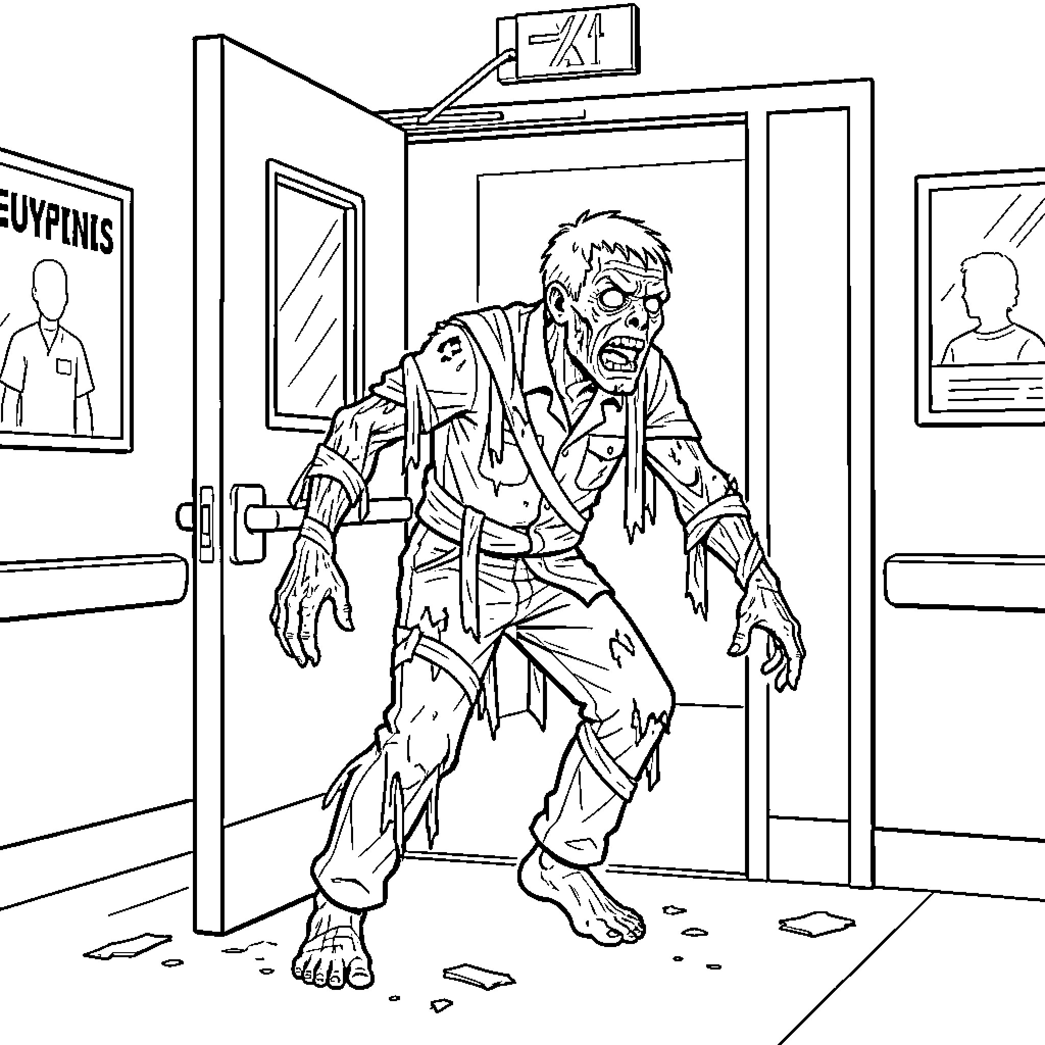 Zombie breaking through an open doorway with a menacing expression Coloring Page (free black-and-white line drawing printable PDF for all, from beginners to advanced learners, including children, teens, adults, and seniors)