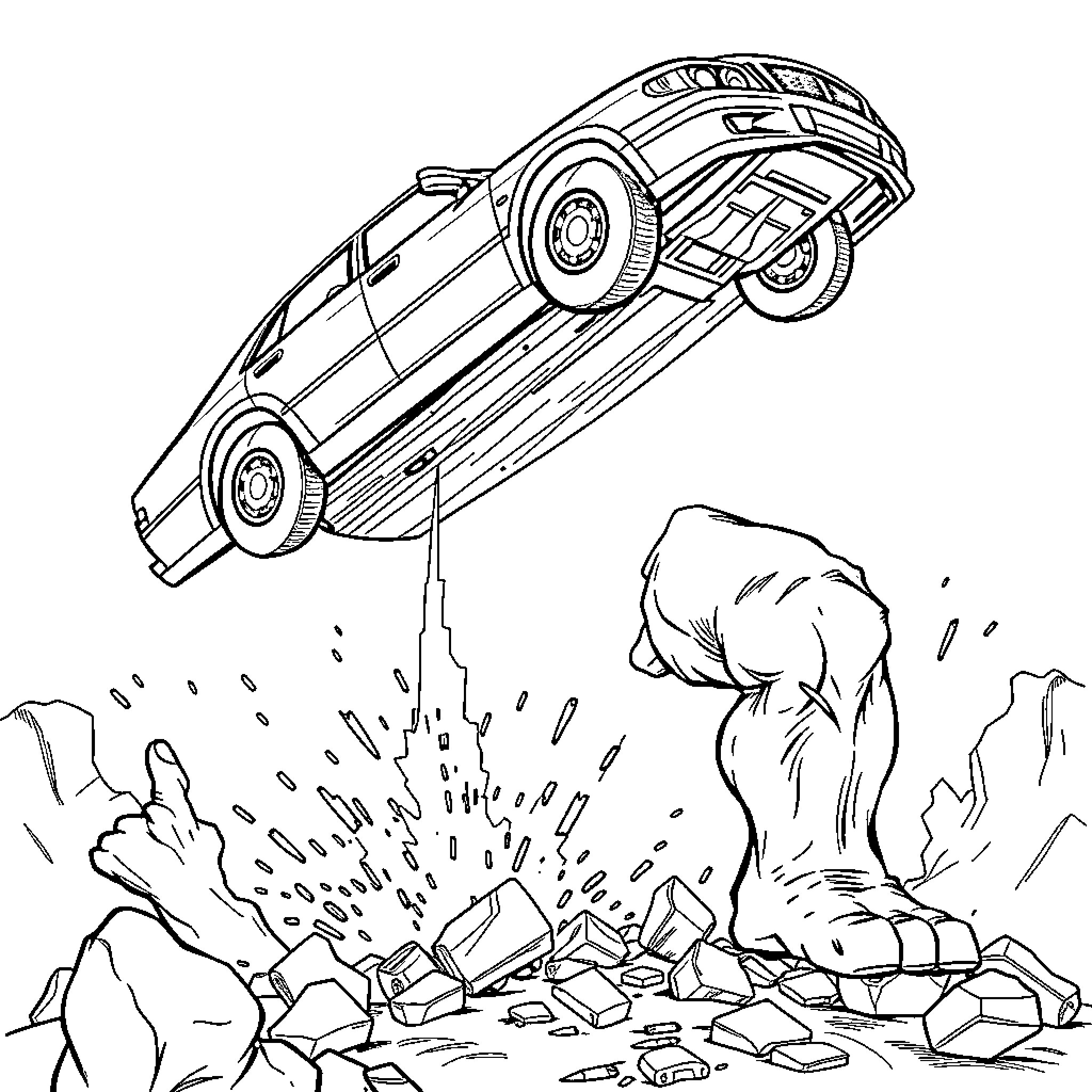 Hulk leaping with car through rocky terrain Coloring Page (free black-and-white line drawing printable PDF for all, from beginners to advanced learners, including children, teens, adults, and seniors)