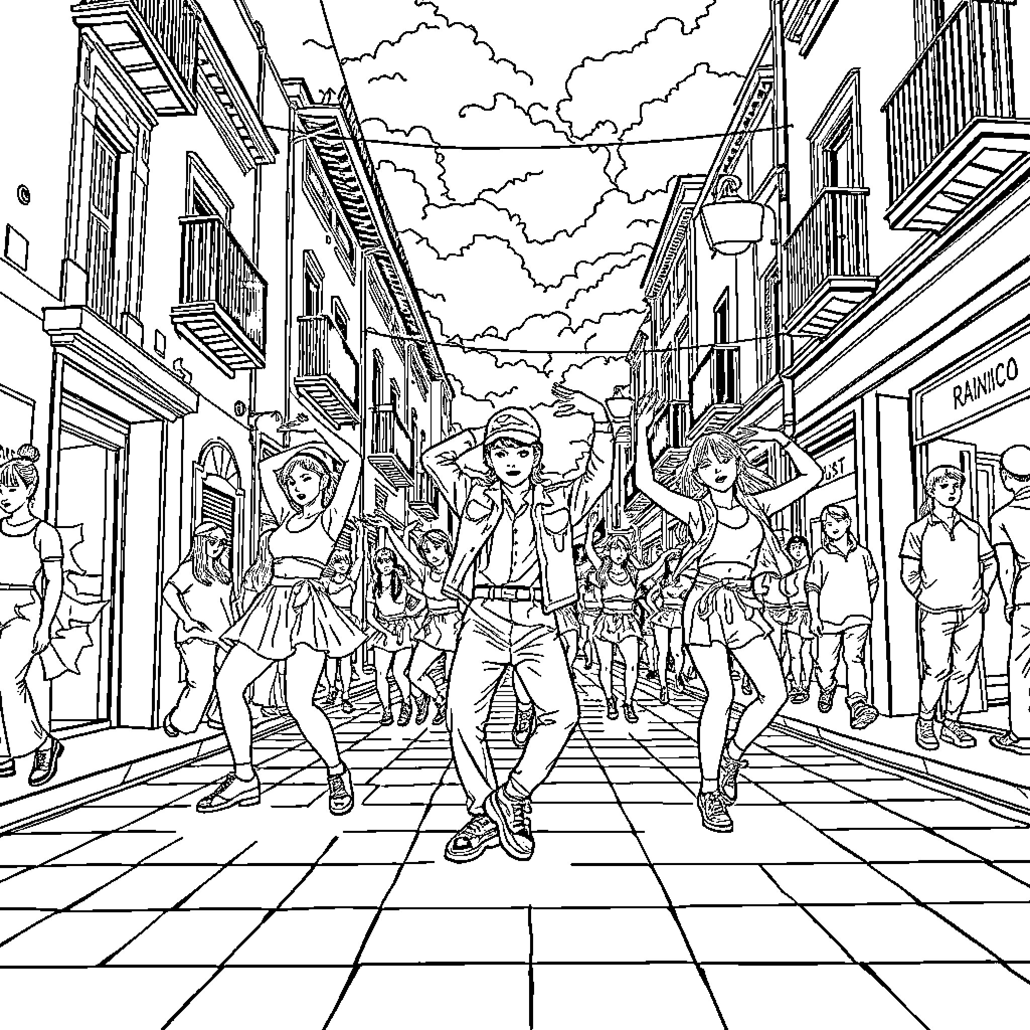 K Pop Group Dancing in the City Street Coloring Page (free black-and-white line drawing printable PDF for all, from beginners to advanced learners, including children, teens, adults, and seniors)
