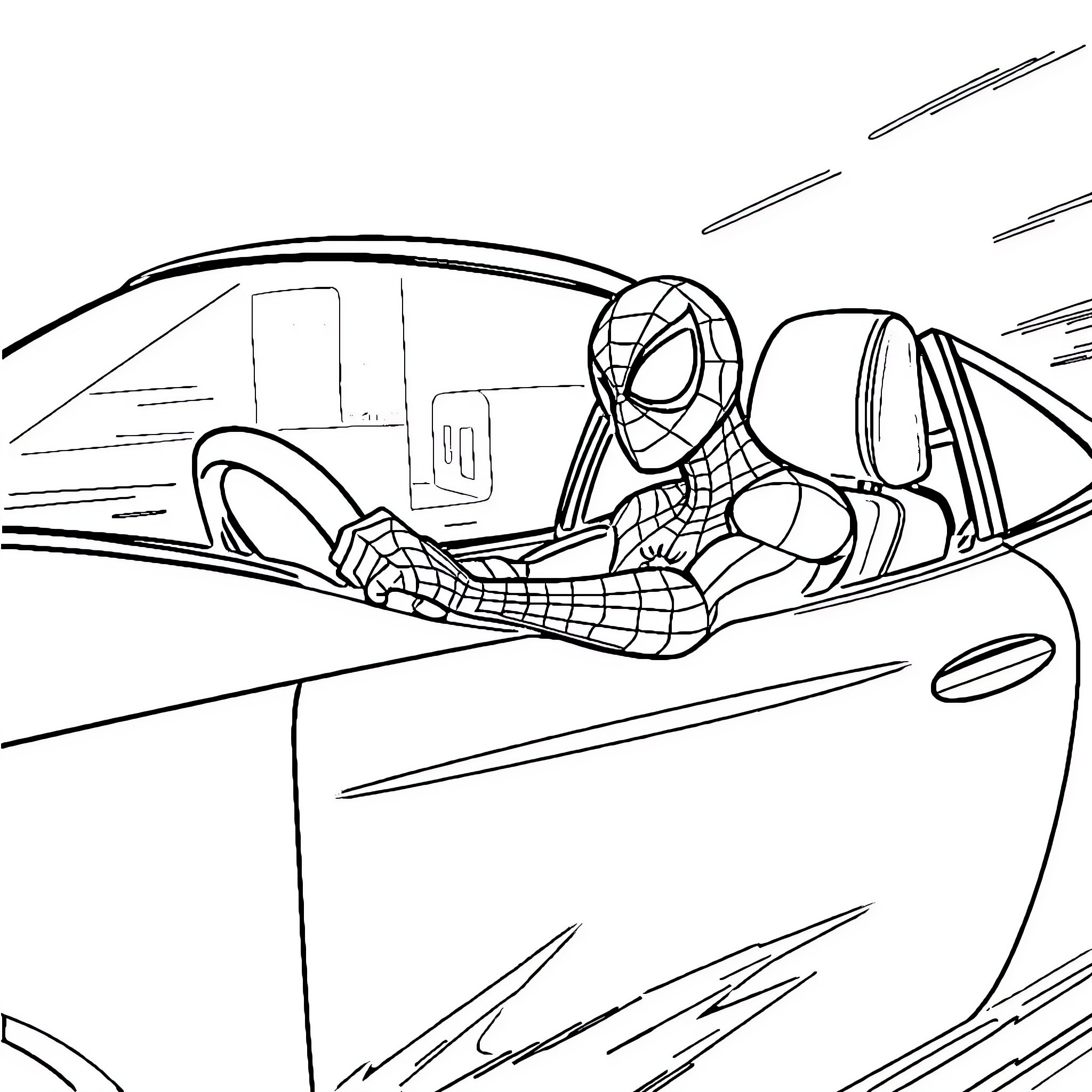 Spider-Man swinging through the city in action Coloring Page (free black-and-white line drawing printable PDF for all, from beginners to advanced learners, including children, teens, adults, and seniors)