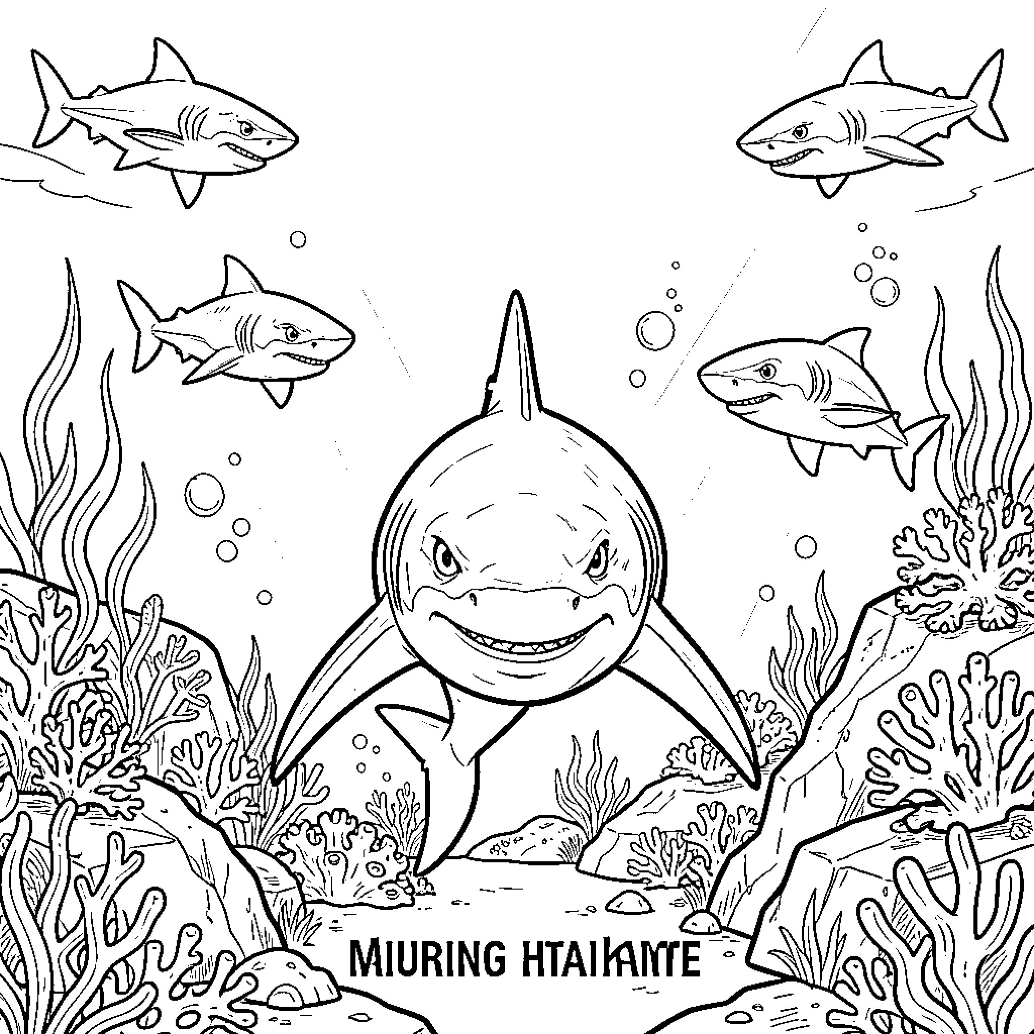 Shark swimming happily among coral reefs and bubbles Coloring Page (free black-and-white line drawing printable PDF for all, from beginners to advanced learners, including children, teens, adults, and seniors)
