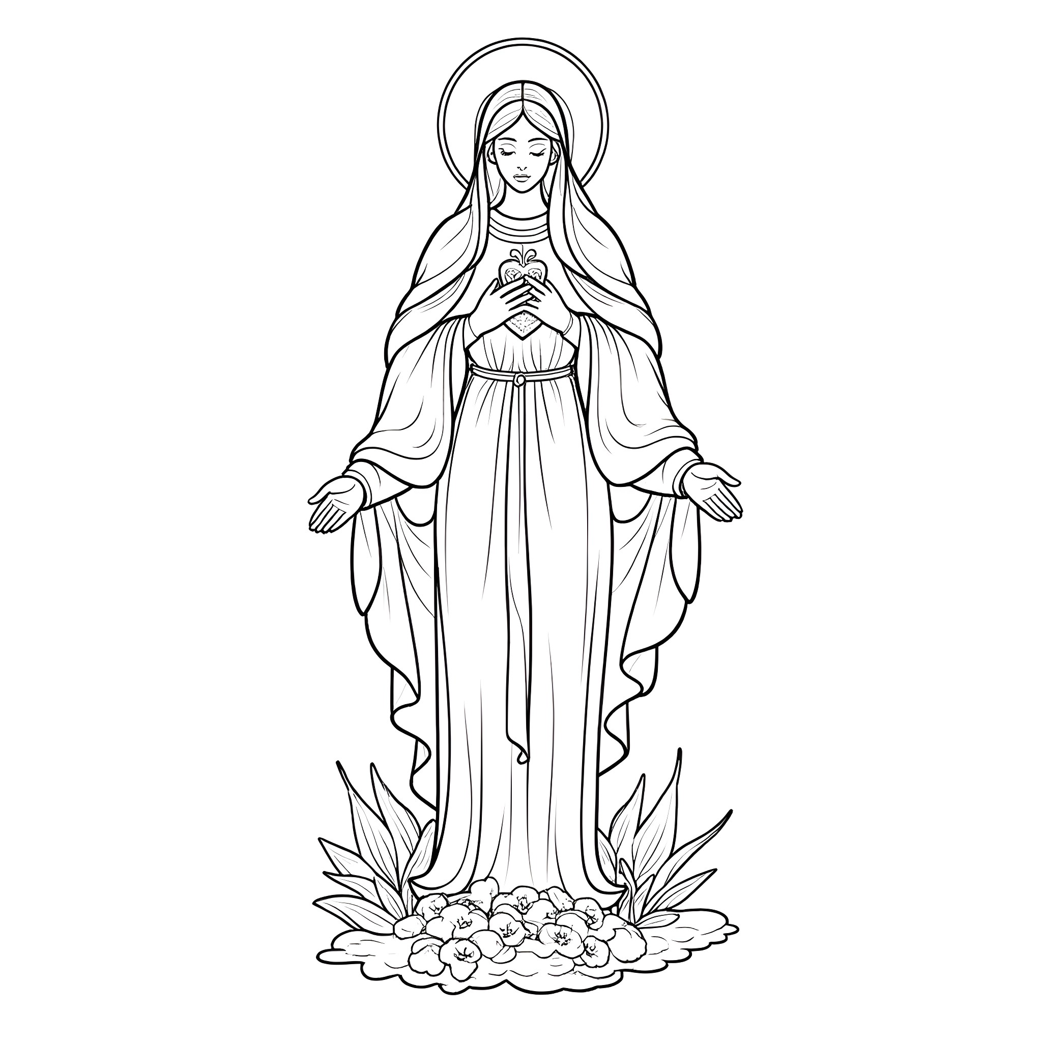 Heart of Mary - Blessed Virgin Mary in Contemplation Coloring Page (free black-and-white line drawing printable PDF for all, from beginners to advanced learners, including children, teens, adults, and seniors)