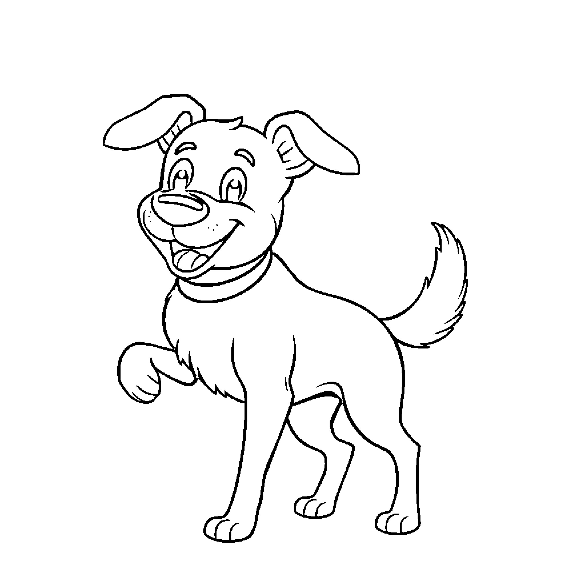 Dog Happily Smiling and Wagging Tail Coloring Page (free black-and-white line drawing printable PDF for all, from beginners to advanced learners, including children, teens, adults, and seniors)