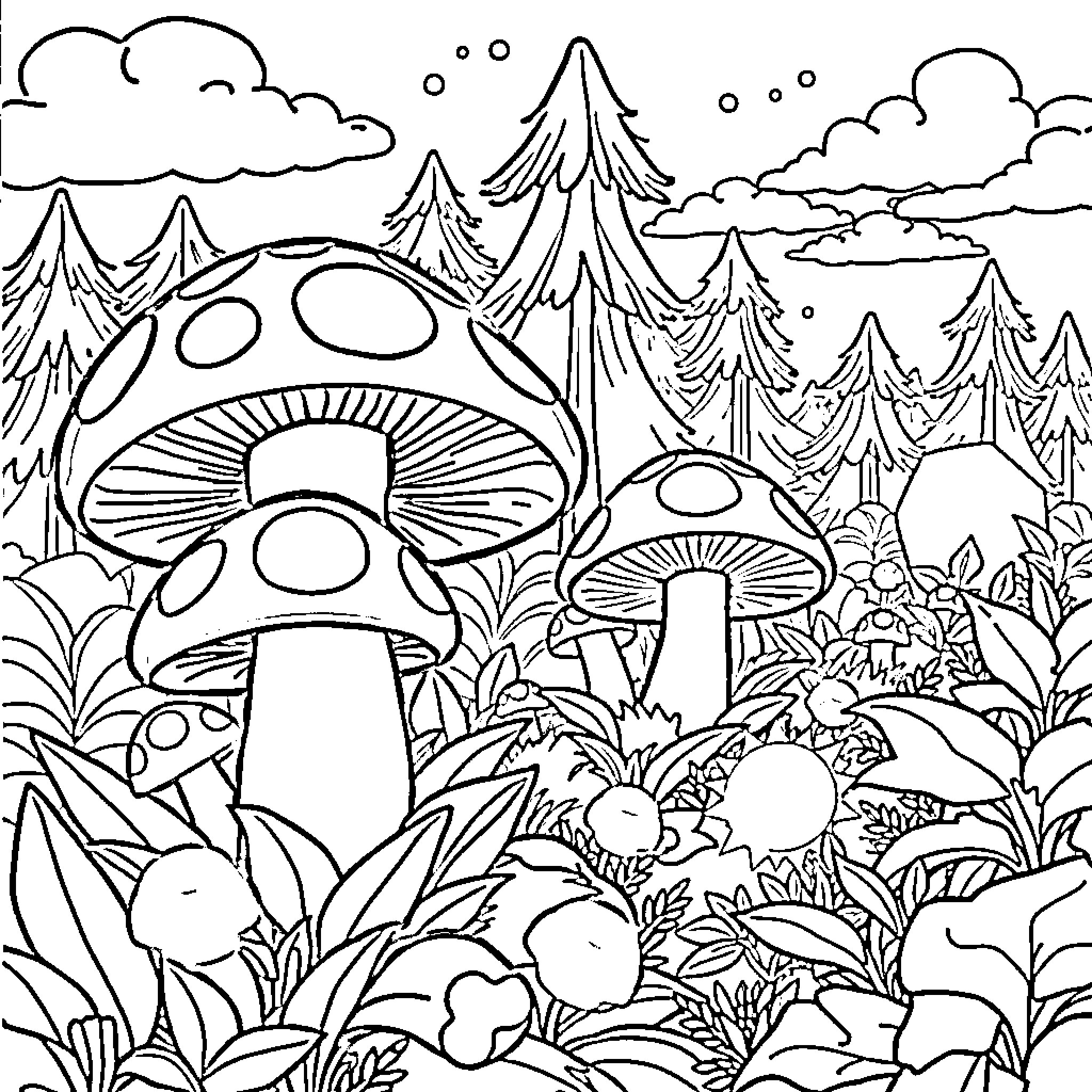 Mushroom Forest Wonderland Coloring Page (free black-and-white line drawing printable PDF for all, from beginners to advanced learners, including children, teens, adults, and seniors)