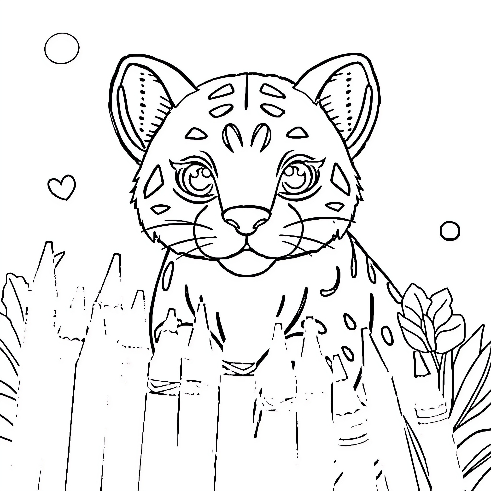 Colouring in Playful Jungle Animal Coloring Page (free black-and-white line drawing printable PDF for all, from beginners to advanced learners, including children, teens, adults, and seniors)