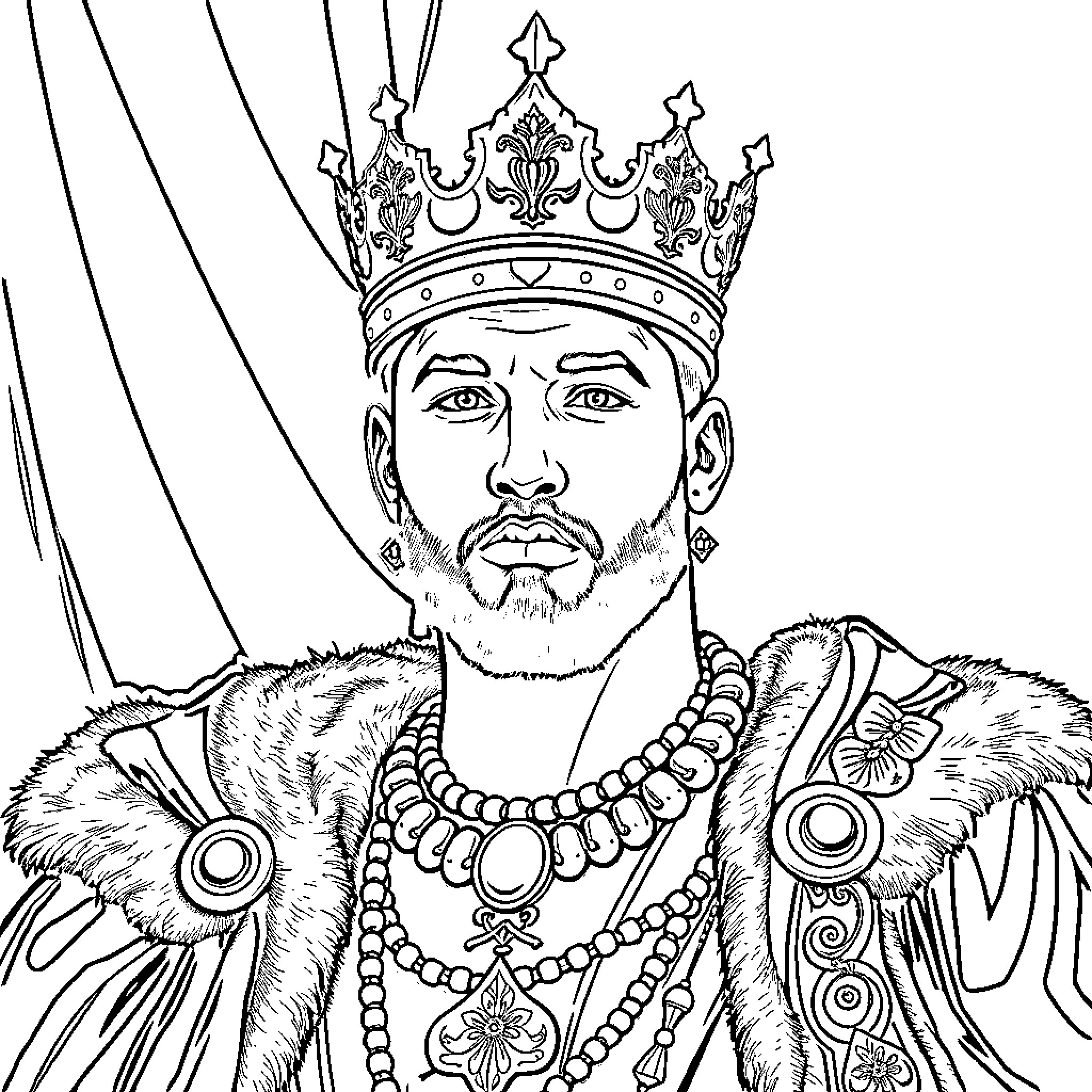 Jayson Tatum as a regal monarch figure Coloring Page (free black-and-white line drawing printable PDF for all, from beginners to advanced learners, including children, teens, adults, and seniors)