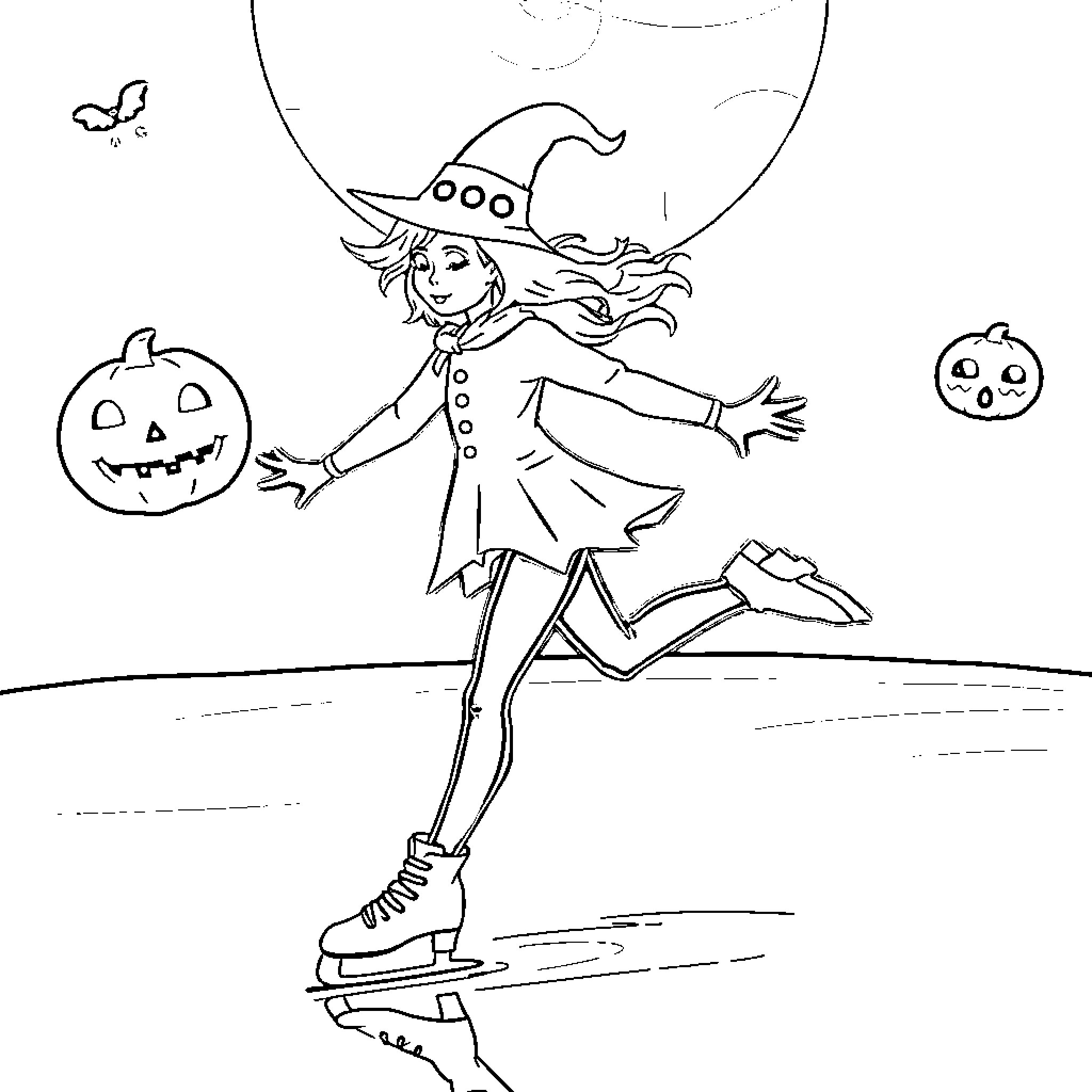 Figure Skater Embracing Halloween Festivities Coloring Page (free black-and-white line drawing printable PDF for all, from beginners to advanced learners, including children, teens, adults, and seniors)