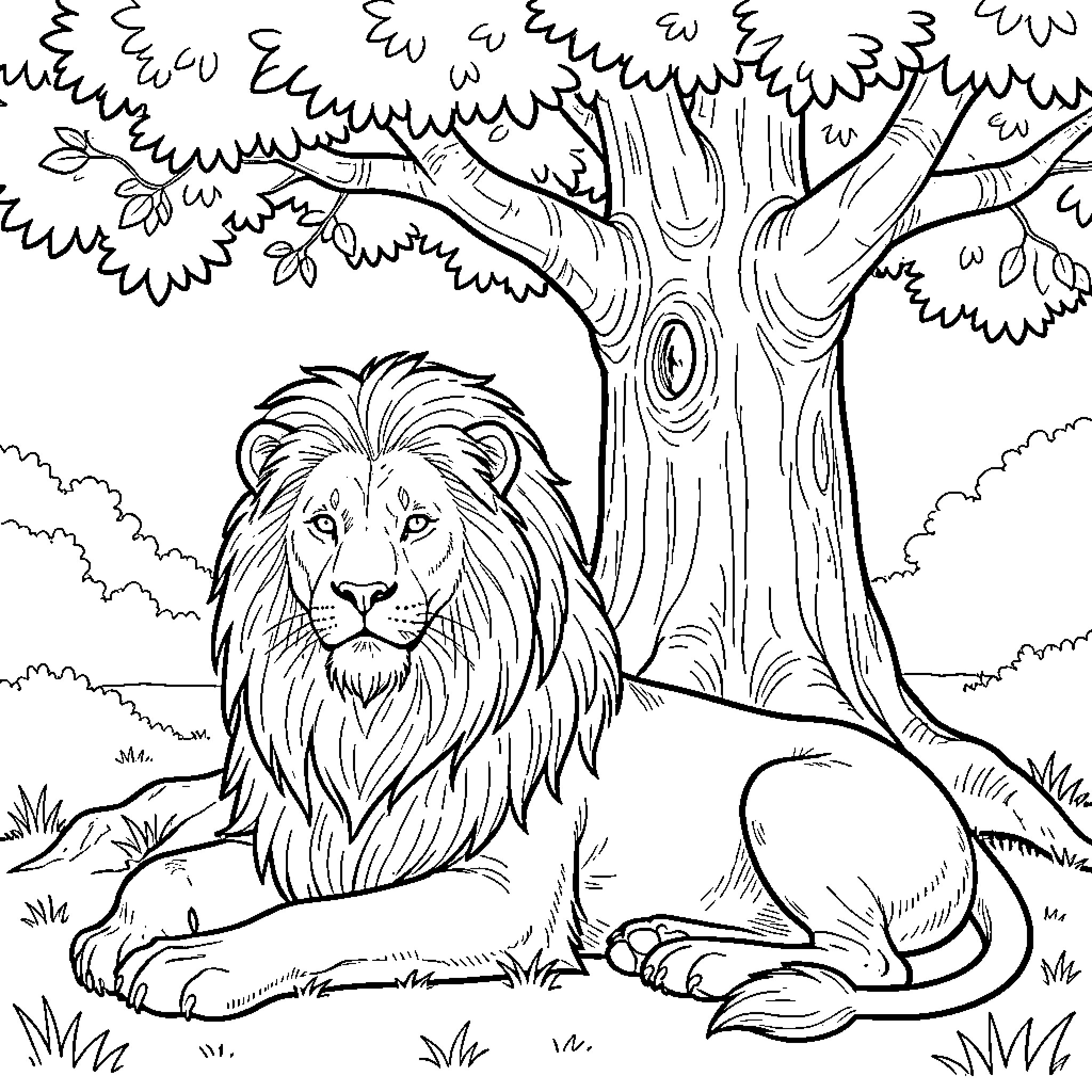Lion resting under the shade of a tree Coloring Page (free black-and-white line drawing printable PDF for all, from beginners to advanced learners, including children, teens, adults, and seniors)
