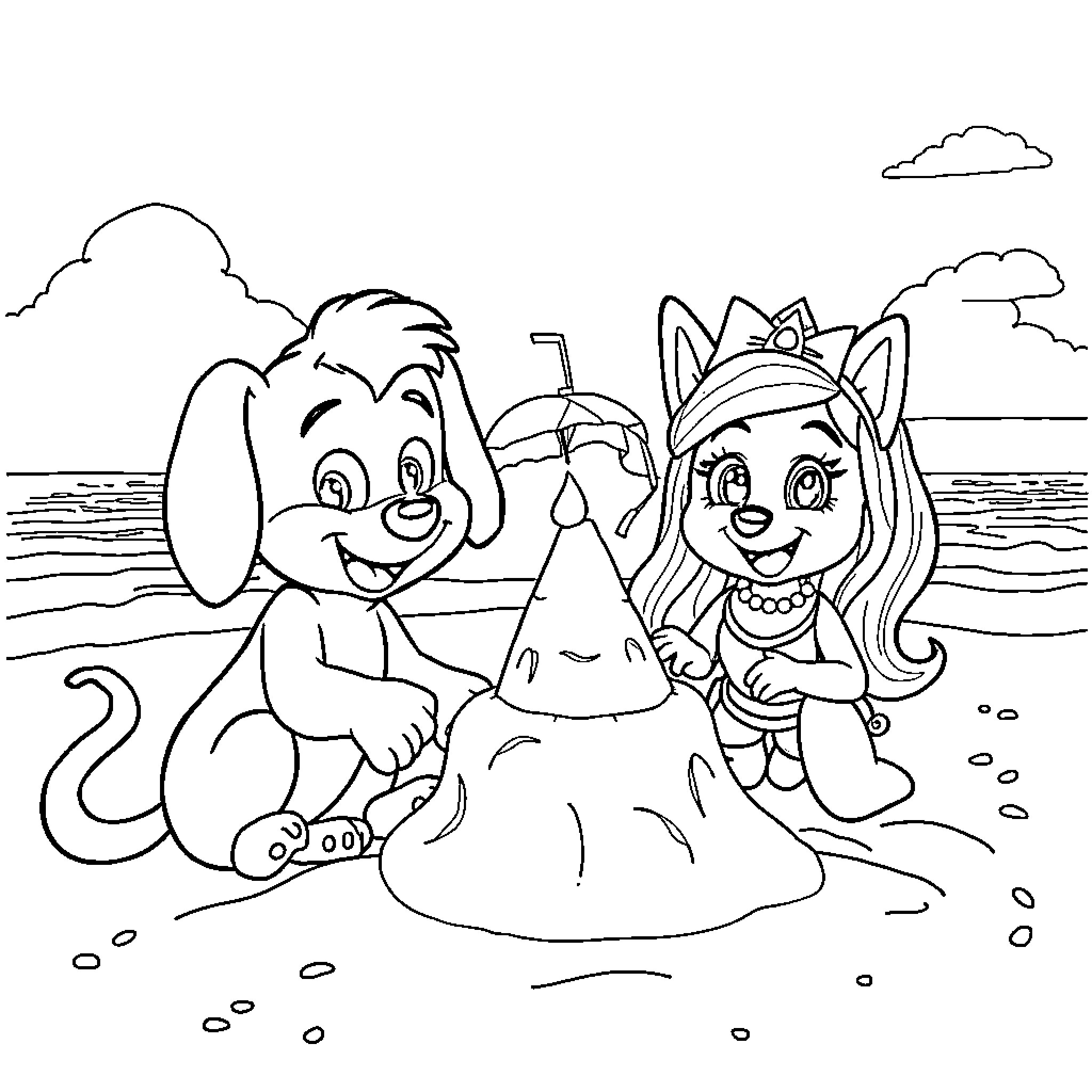 Bluey and Friends Enjoy a Day at the Beach Coloring Page (free black-and-white line drawing printable PDF for all, from beginners to advanced learners, including children, teens, adults, and seniors)