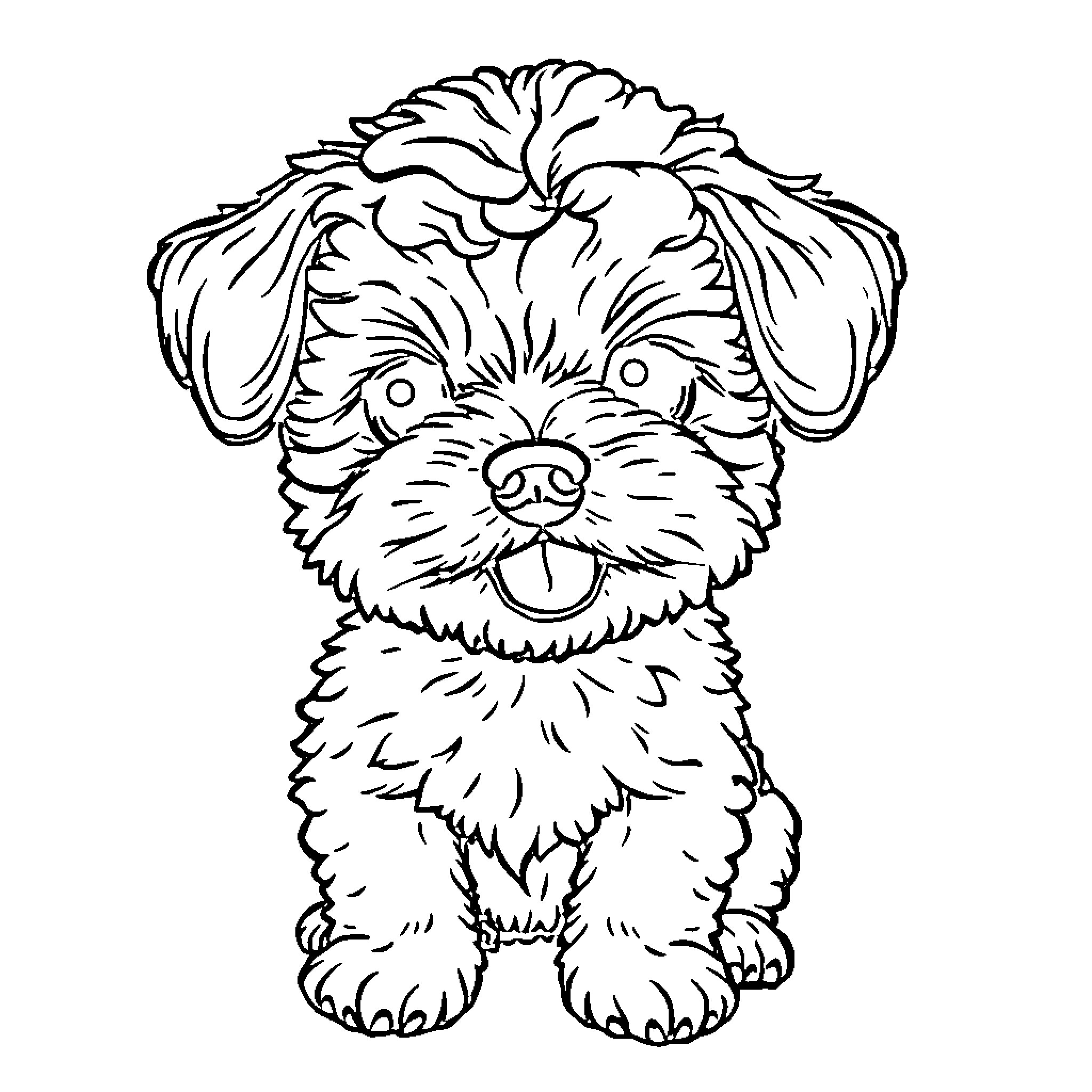 Dog with fluffy fur in a playful pose Coloring Page (free black-and-white line drawing printable PDF for all, from beginners to advanced learners, including children, teens, adults, and seniors)