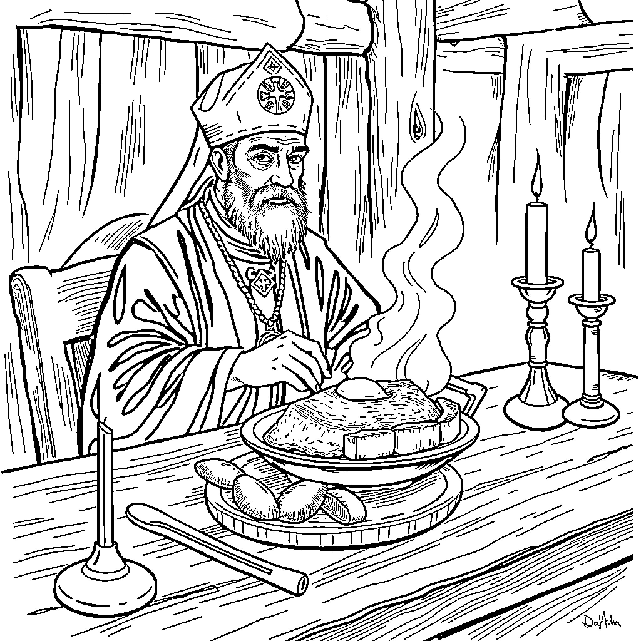 Priest performing holy ritual with bread and candles Coloring Page (free black-and-white line drawing printable PDF for all, from beginners to advanced learners, including children, teens, adults, and seniors)