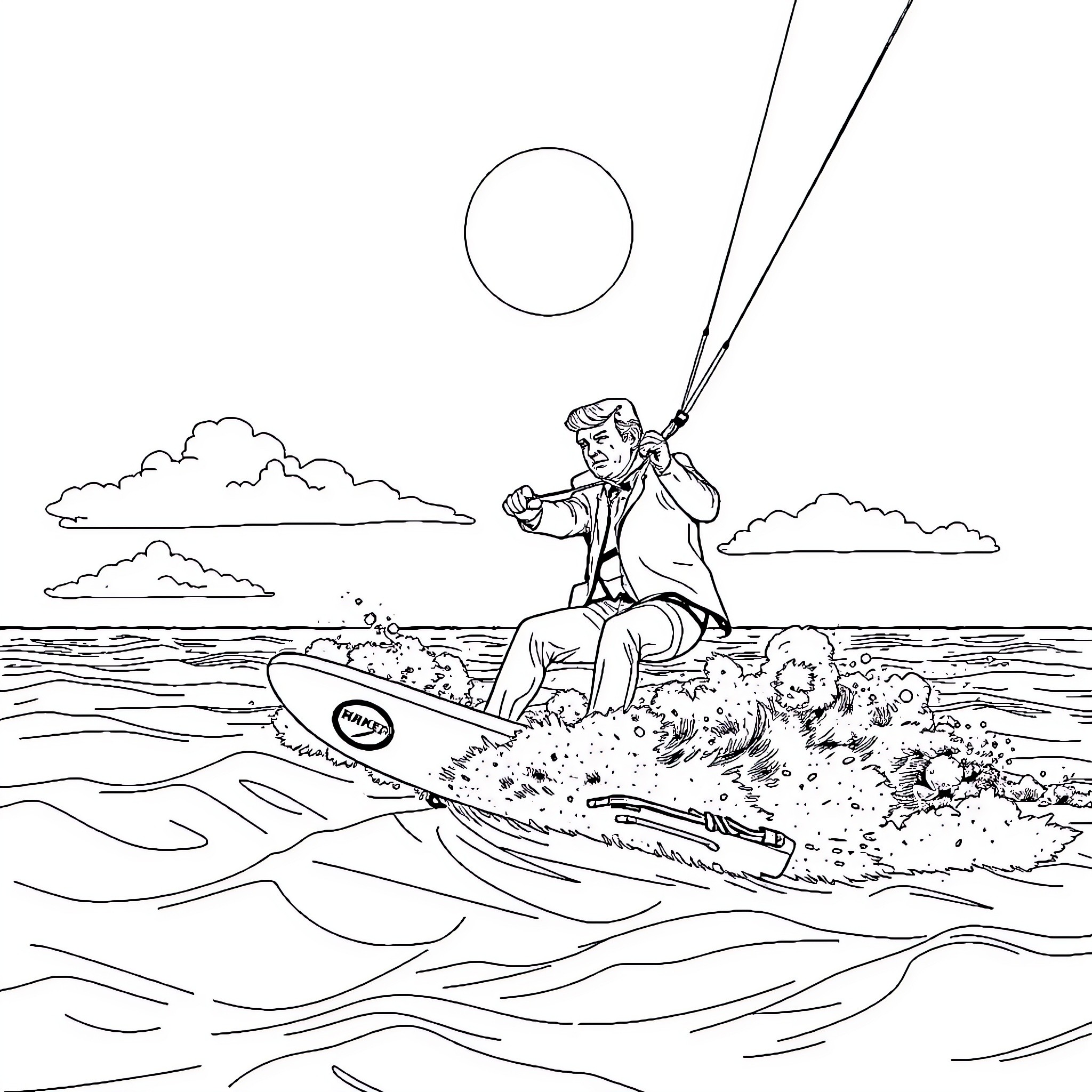 Donald Trump riding a surfboard in the ocean Coloring Page (free black-and-white line drawing printable PDF for all, from beginners to advanced learners, including children, teens, adults, and seniors)
