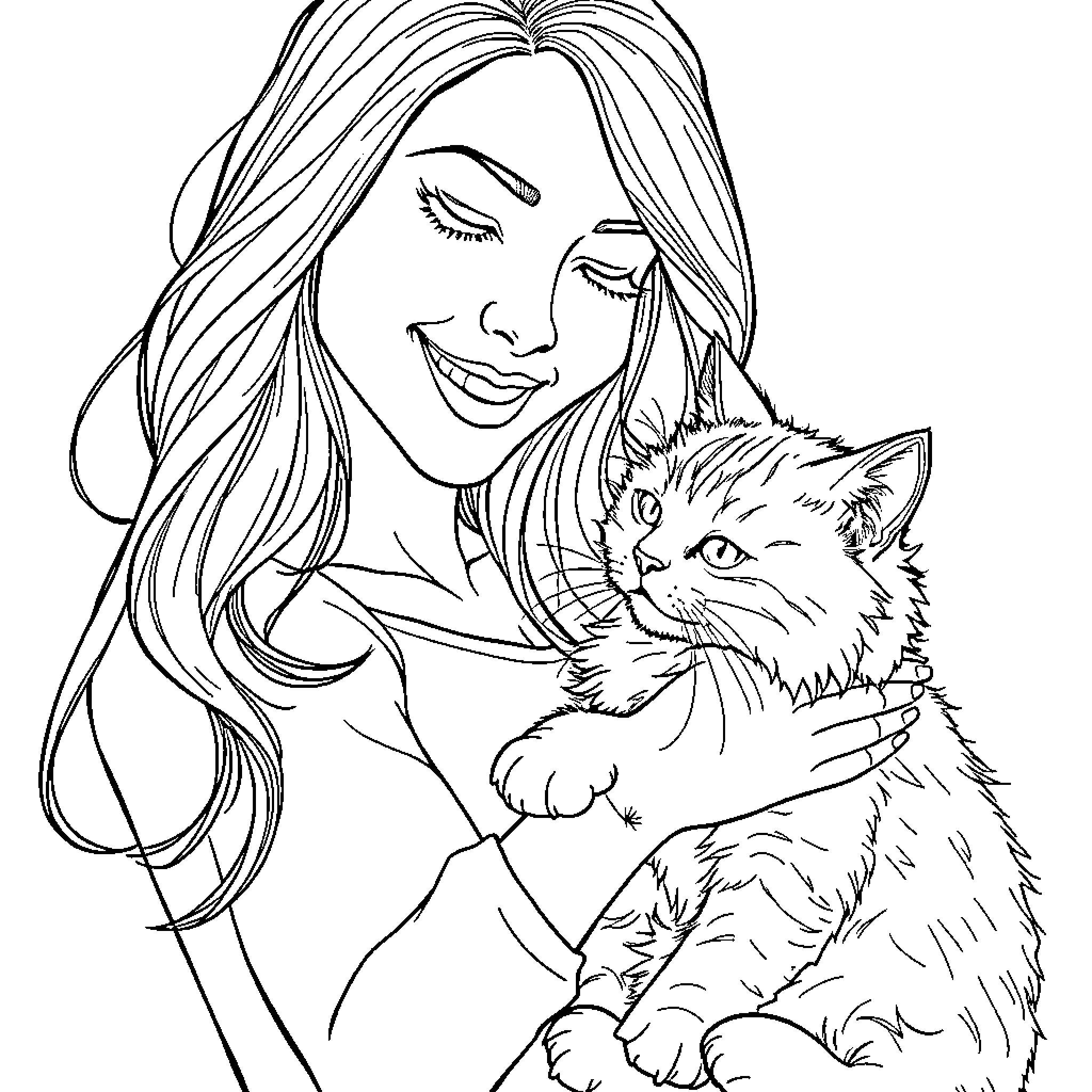 Lady gently petting a content feline companion Coloring Page (free black-and-white line drawing printable PDF for all, from beginners to advanced learners, including children, teens, adults, and seniors)
