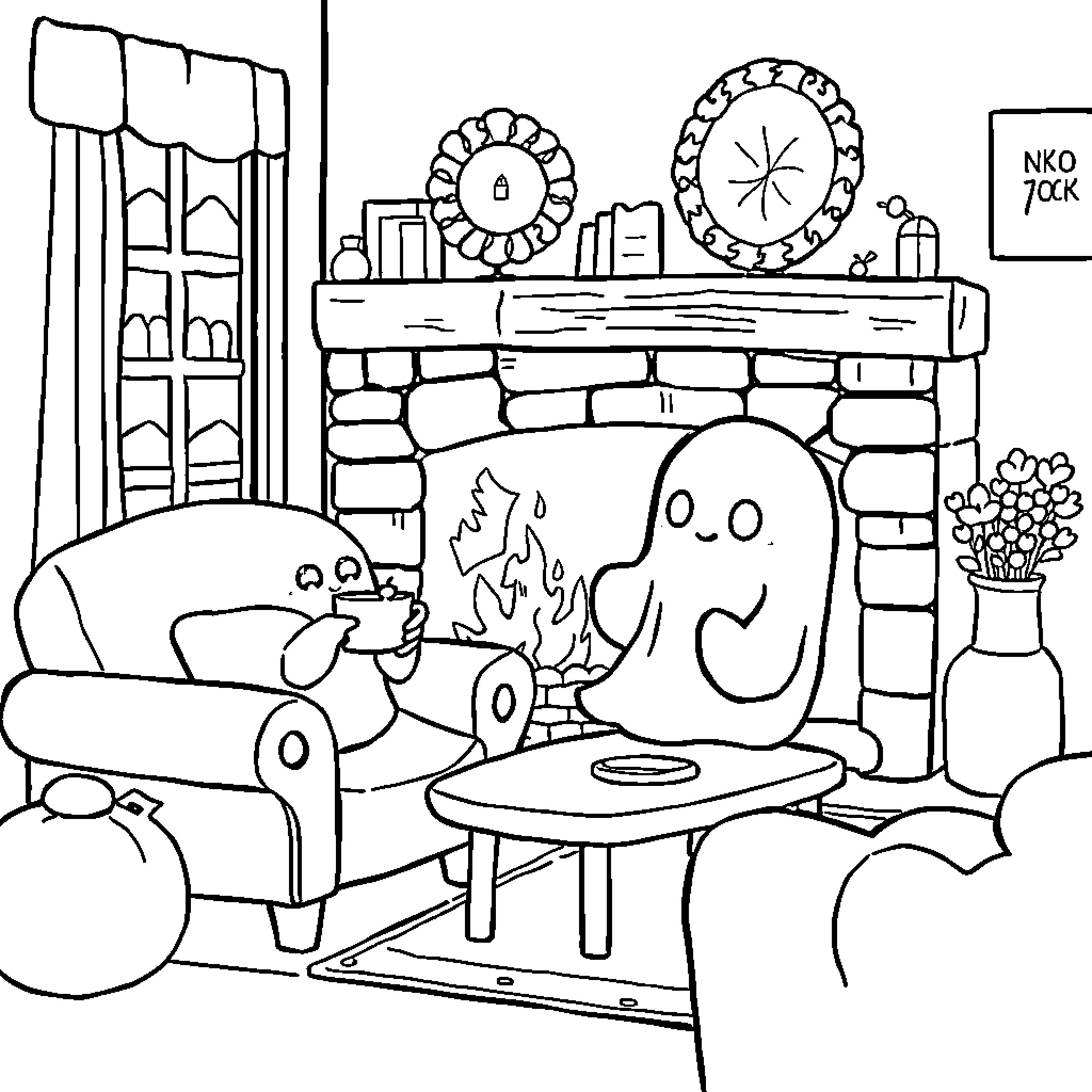 Ghost Creatures Enjoying Cozy Home Interior Coloring Page (free black-and-white line drawing printable PDF for all, from beginners to advanced learners, including children, teens, adults, and seniors)