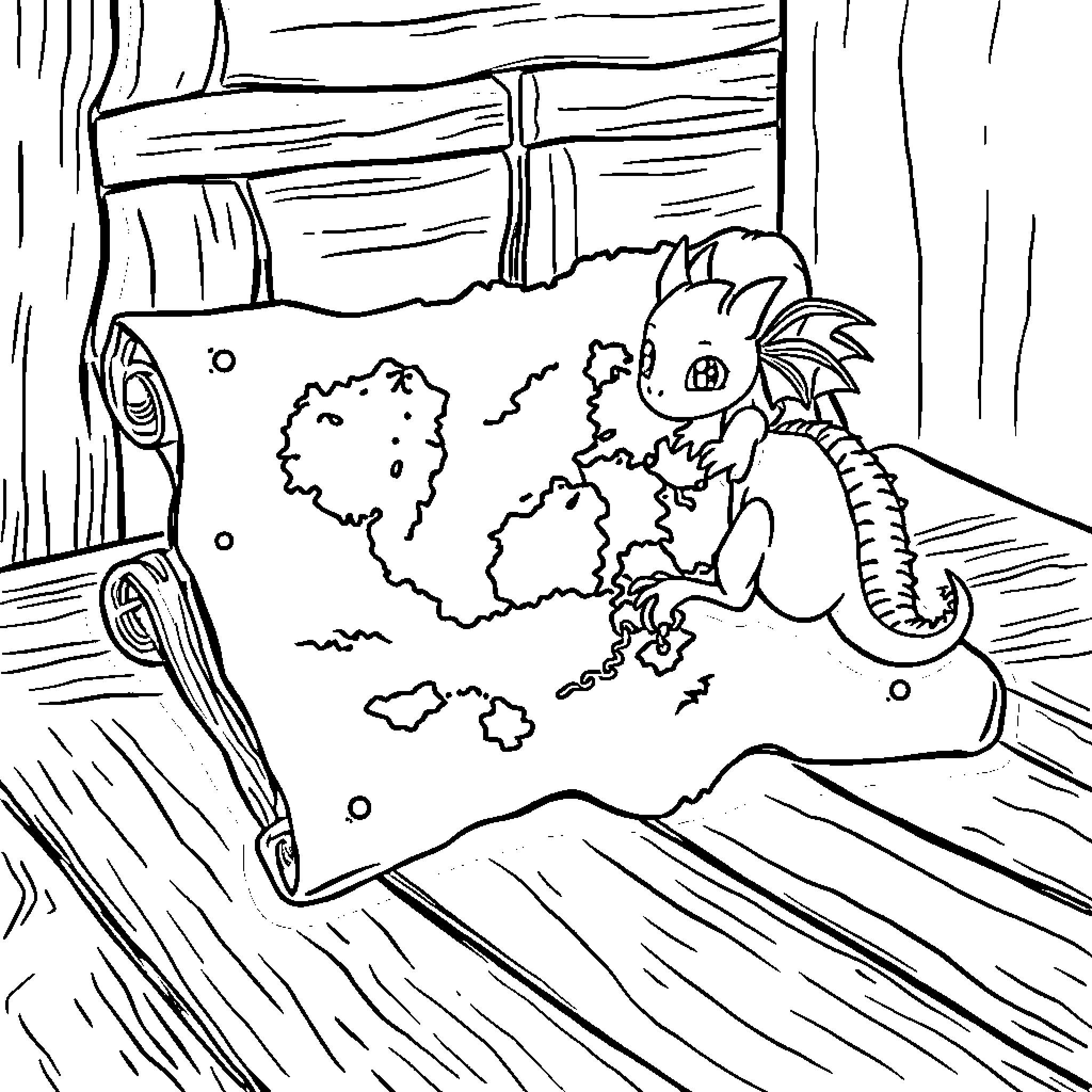 Dragon blowing smoke in cozy cabin Coloring Page (free black-and-white line drawing printable PDF for all, from beginners to advanced learners, including children, teens, adults, and seniors)