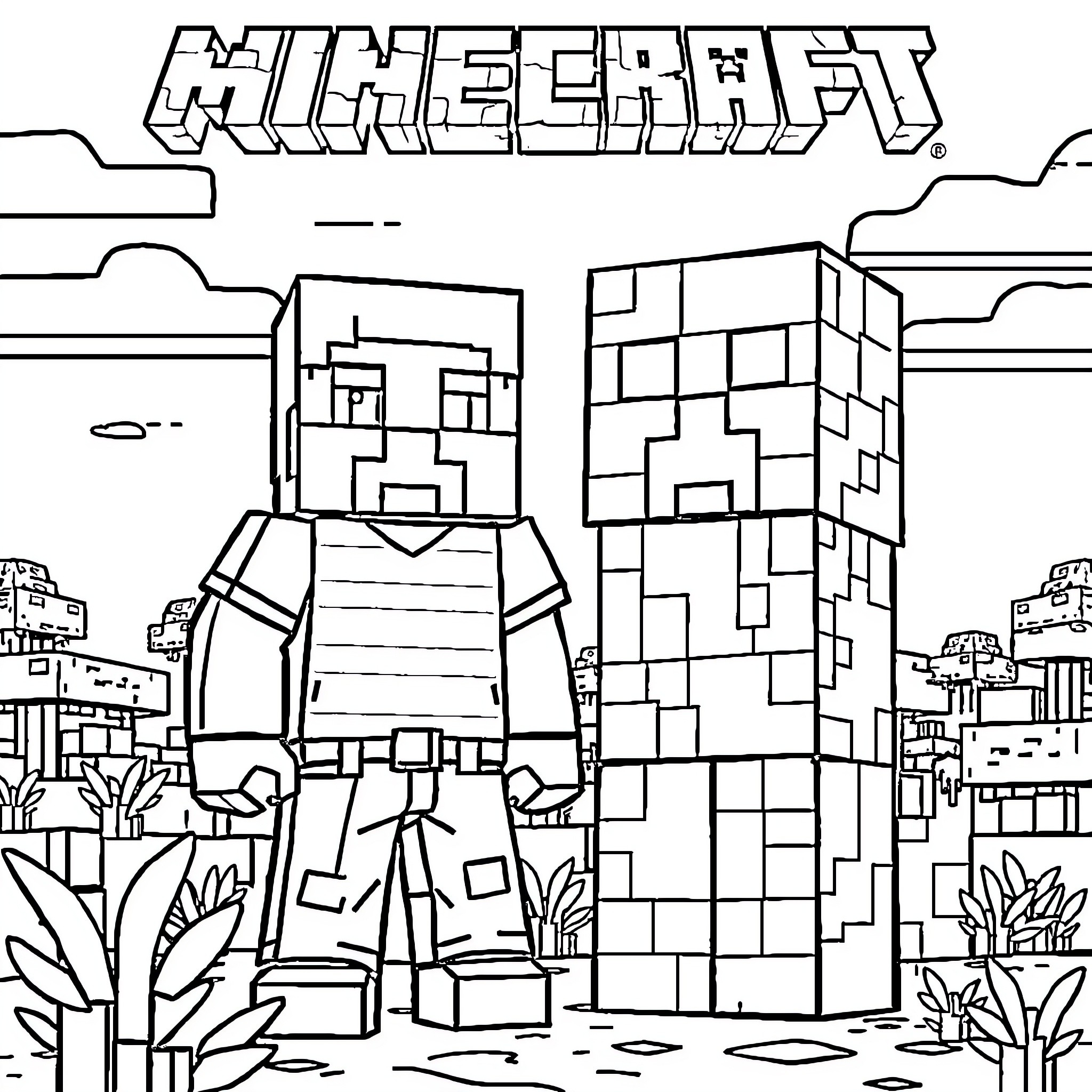 Steve exploring the Minecraft world Coloring Page (free black-and-white line drawing printable PDF for all, from beginners to advanced learners, including children, teens, adults, and seniors)