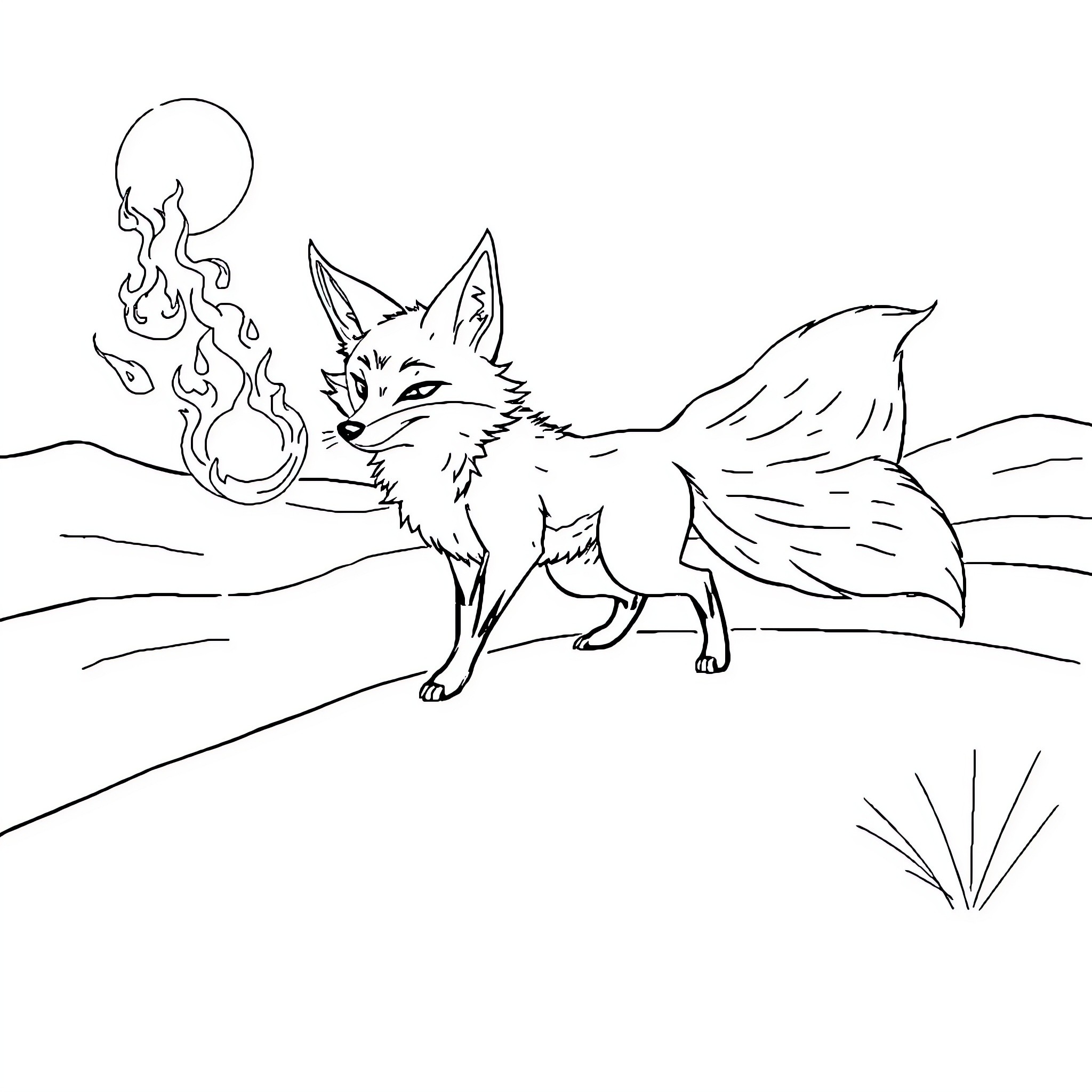 Fox breathing fire in a desert landscape Coloring Page (free black-and-white line drawing printable PDF for all, from beginners to advanced learners, including children, teens, adults, and seniors)