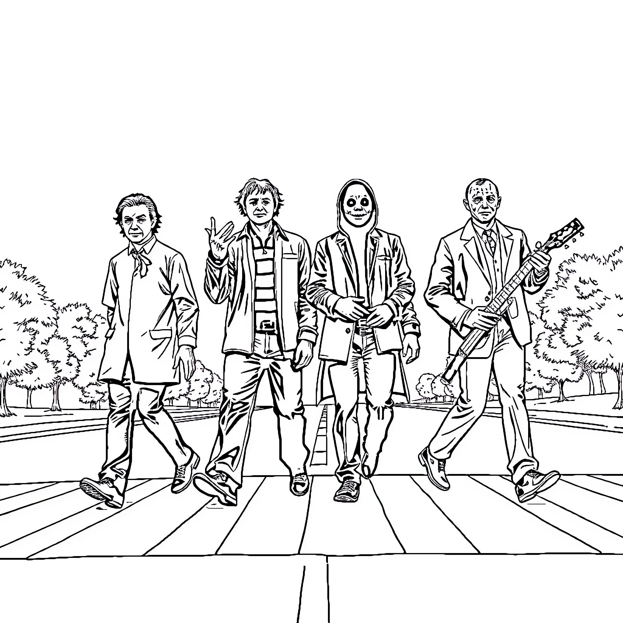 Horror Characters Crossing a Crosswalk Coloring Page (free black-and-white line drawing printable PDF for all, from beginners to advanced learners, including children, teens, adults, and seniors)