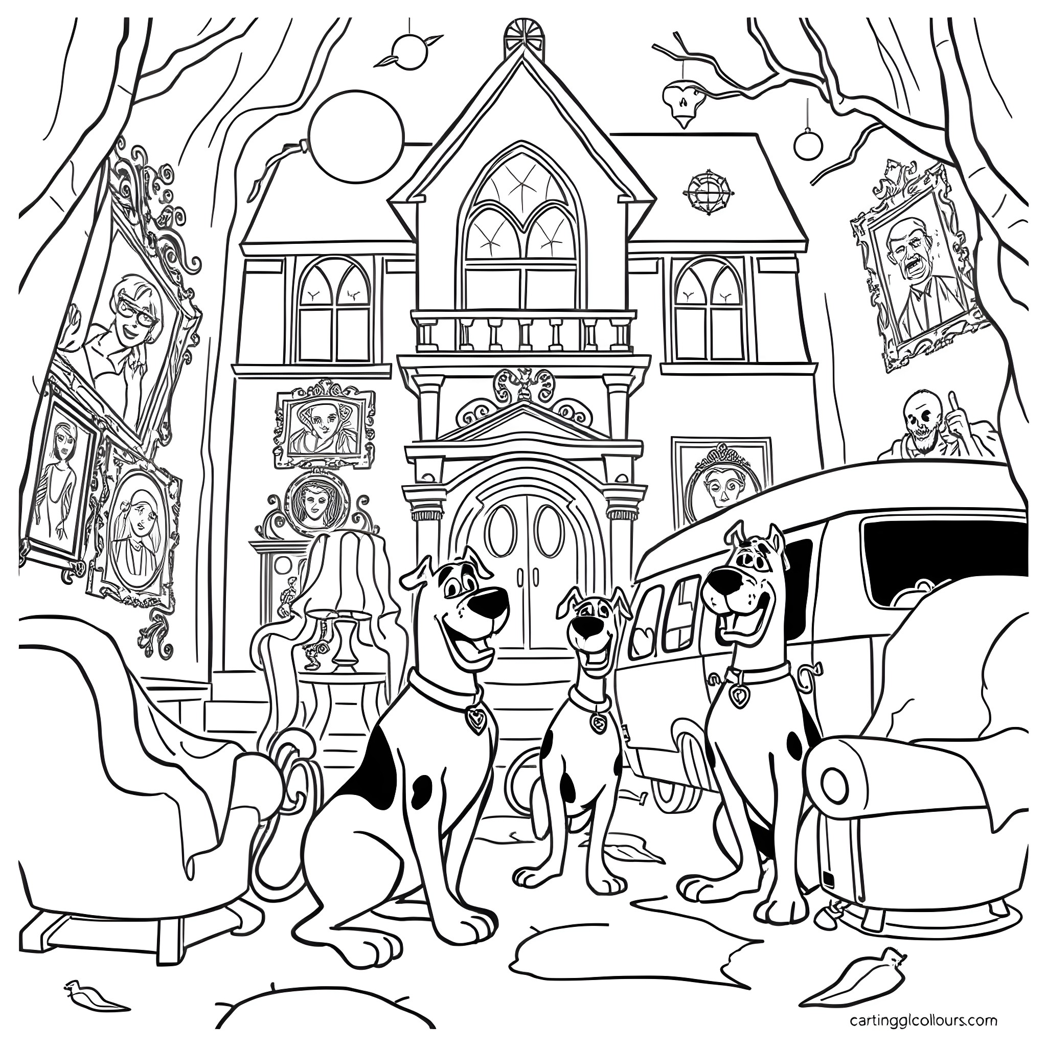 Scooby Doo and friends exploring a spooky mansion Coloring Page (free black-and-white line drawing printable PDF for all, from beginners to advanced learners, including children, teens, adults, and seniors)