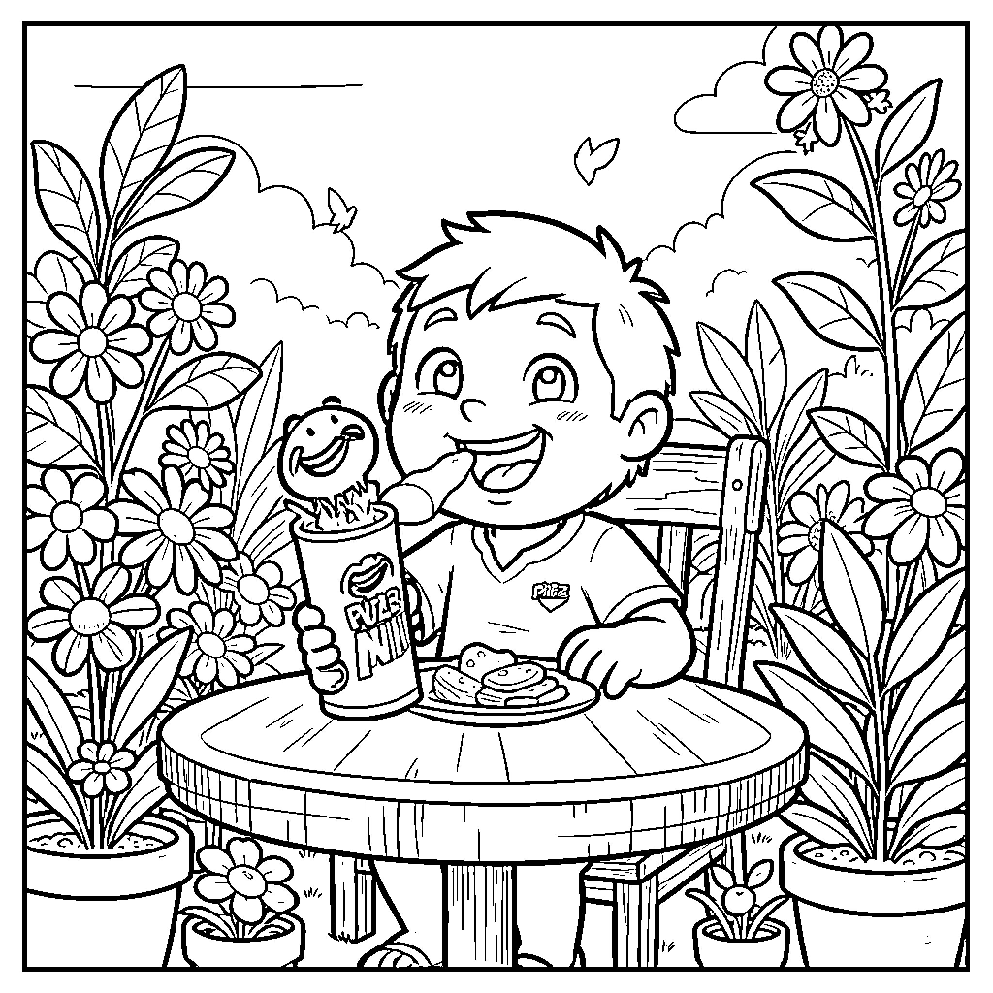 PvZ Boy enjoying snack in flowery garden Coloring Page (free black-and-white line drawing printable PDF for all, from beginners to advanced learners, including children, teens, adults, and seniors)