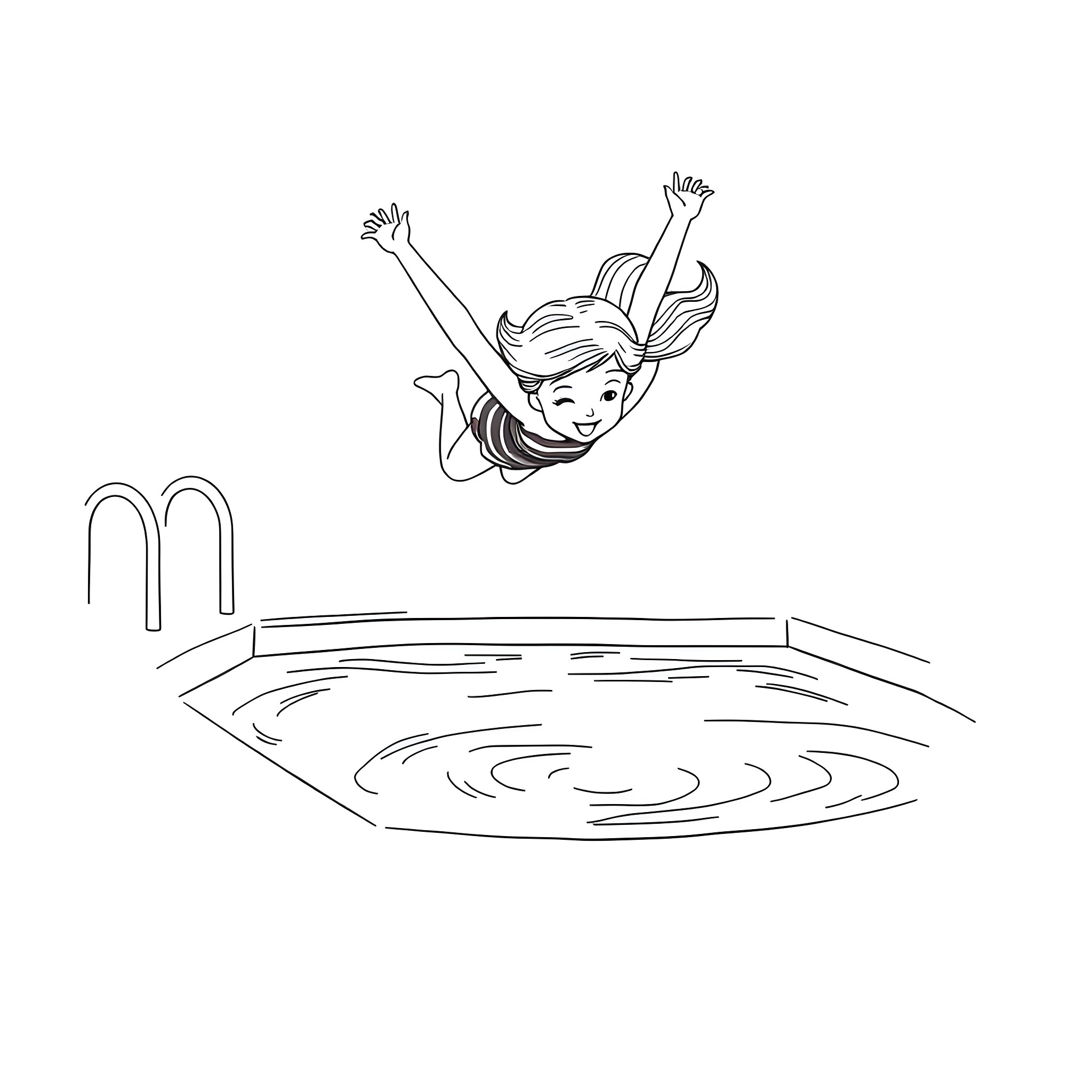 Girl jumping happily into the pool Coloring Page (free black-and-white line drawing printable PDF for all, from beginners to advanced learners, including children, teens, adults, and seniors)
