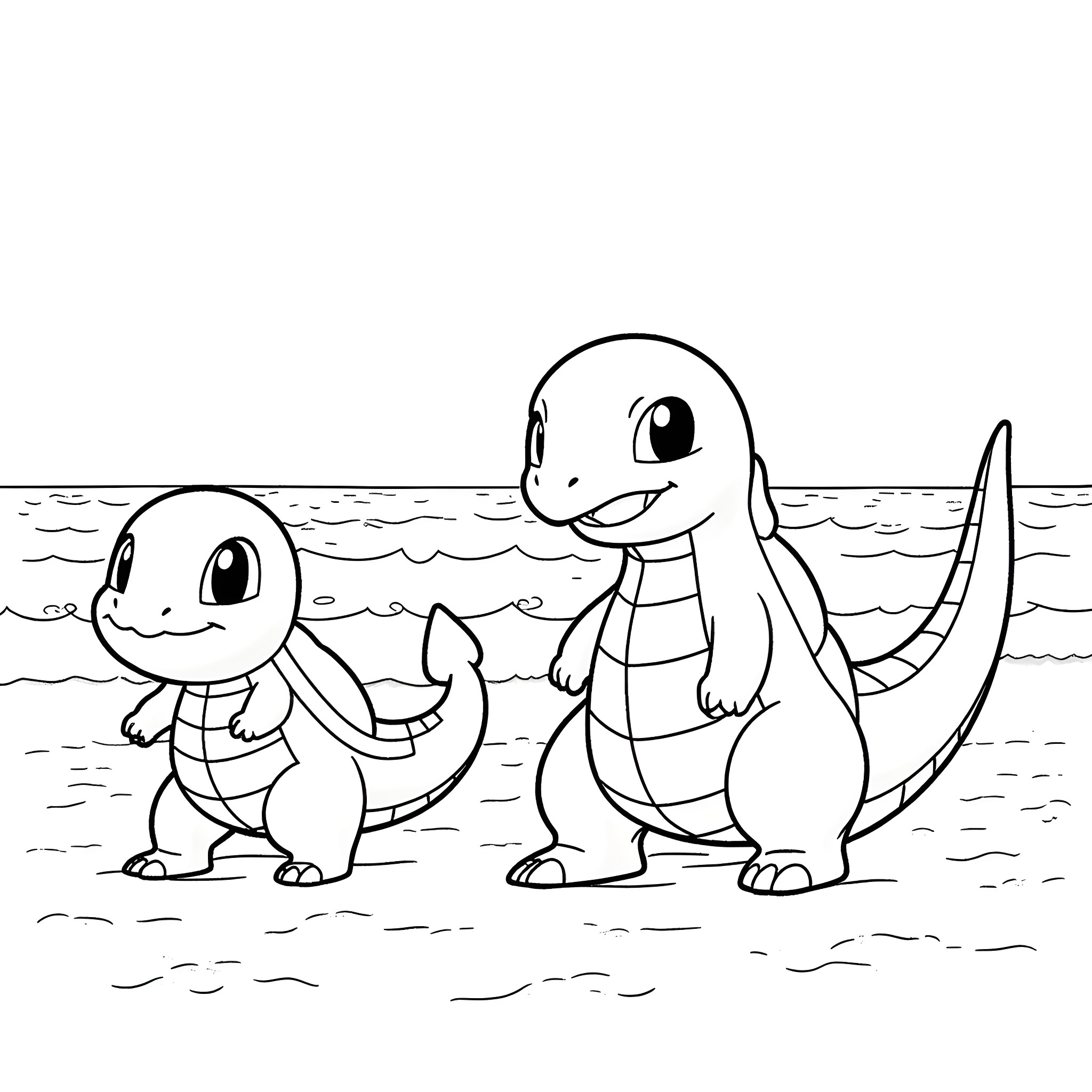 Squirtle and Squirtle playing in the water Coloring Page (free black-and-white line drawing printable PDF for all, from beginners to advanced learners, including children, teens, adults, and seniors)