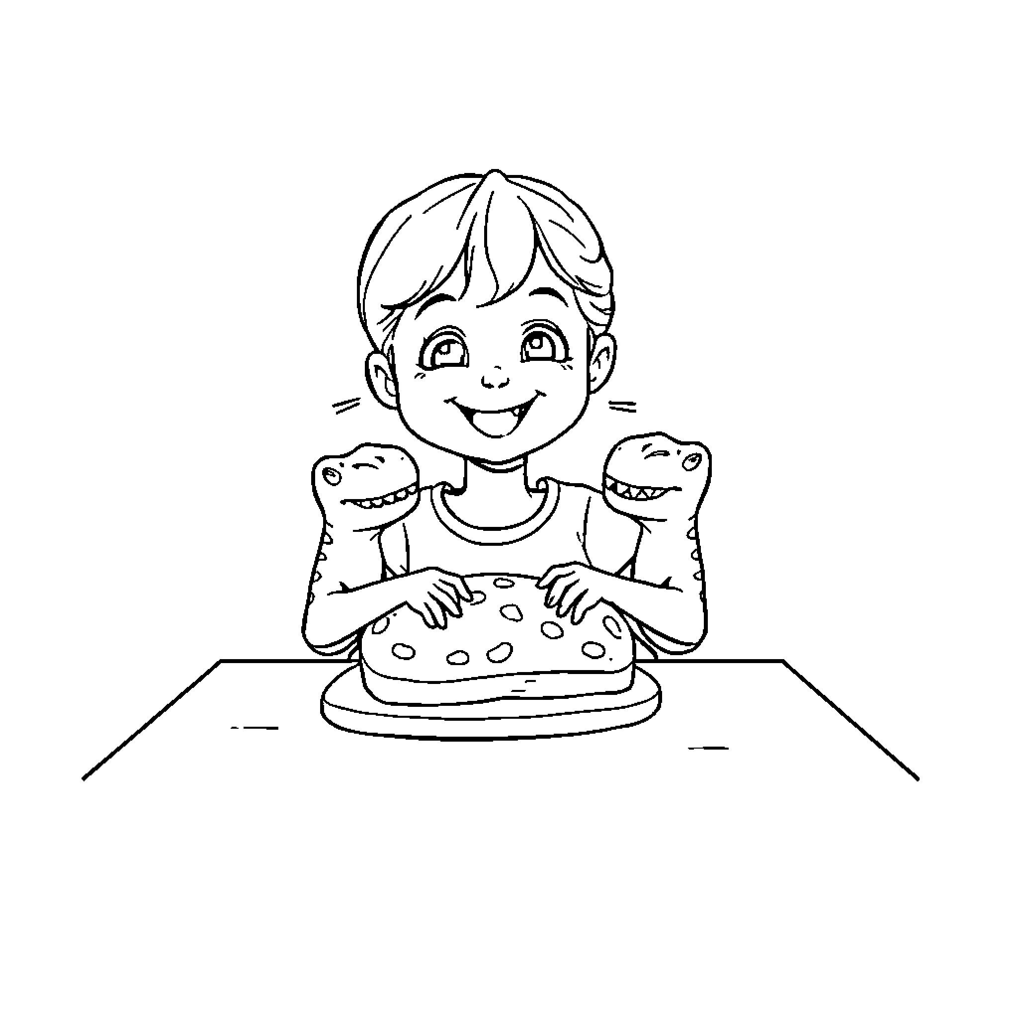 Girl happily playing with dinosaur toys at the table Coloring Page (free black-and-white line drawing printable PDF for all, from beginners to advanced learners, including children, teens, adults, and seniors)