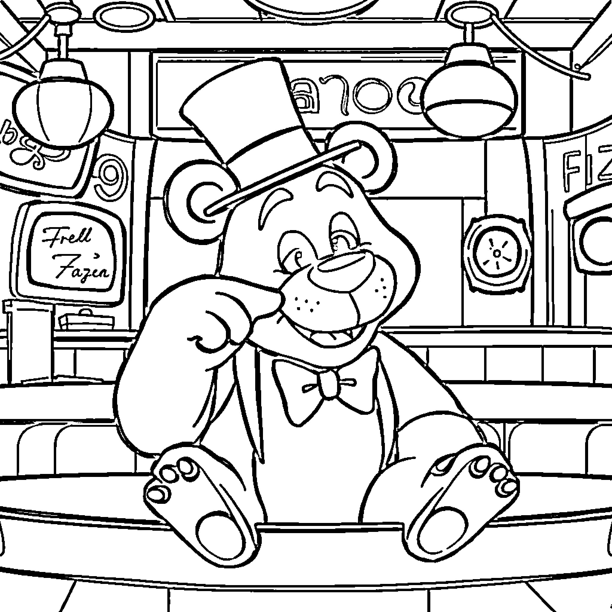 Freddy Fazbear sitting in a diner-like setting Coloring Page (free black-and-white line drawing printable PDF for all, from beginners to advanced learners, including children, teens, adults, and seniors)