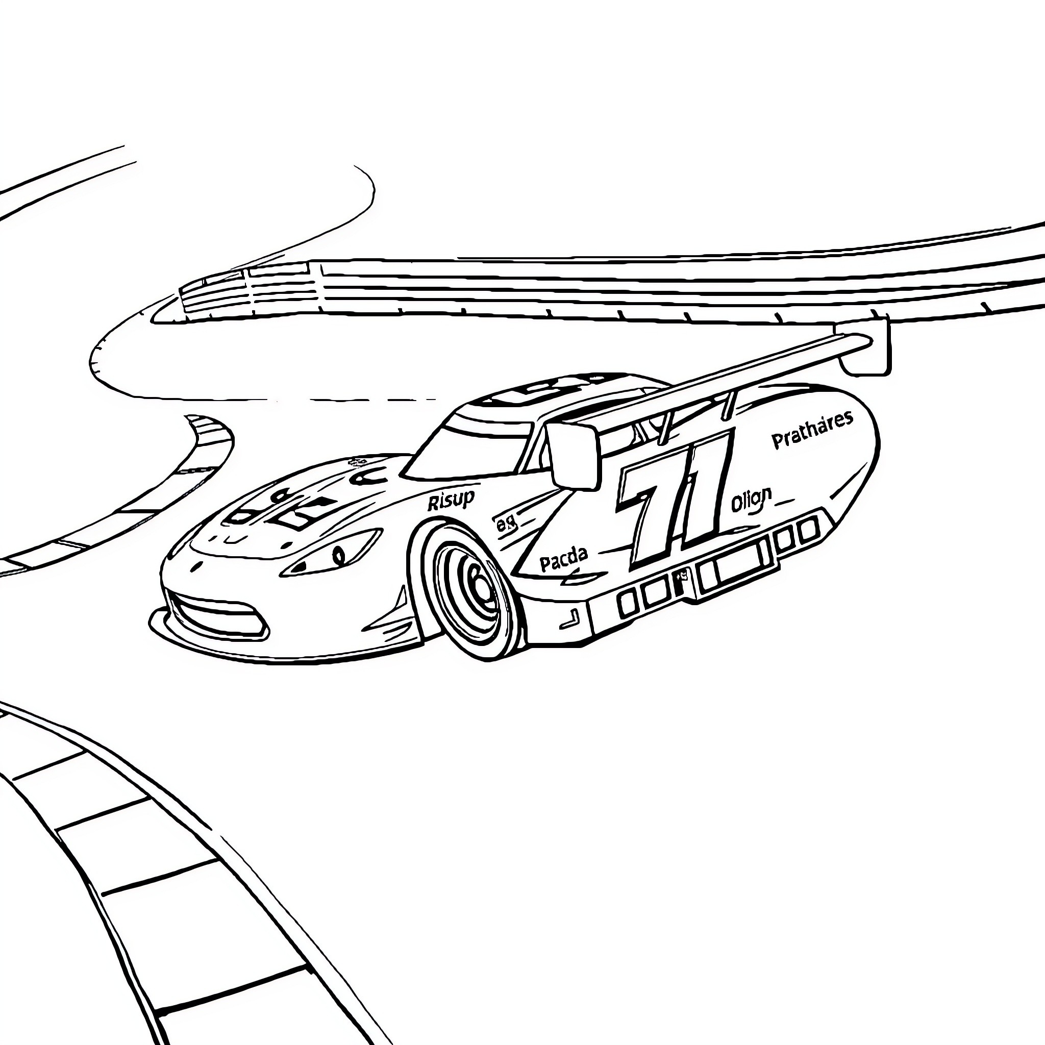 Racecar speeding on track with sponsors Coloring Page (free black-and-white line drawing printable PDF for all, from beginners to advanced learners, including children, teens, adults, and seniors)