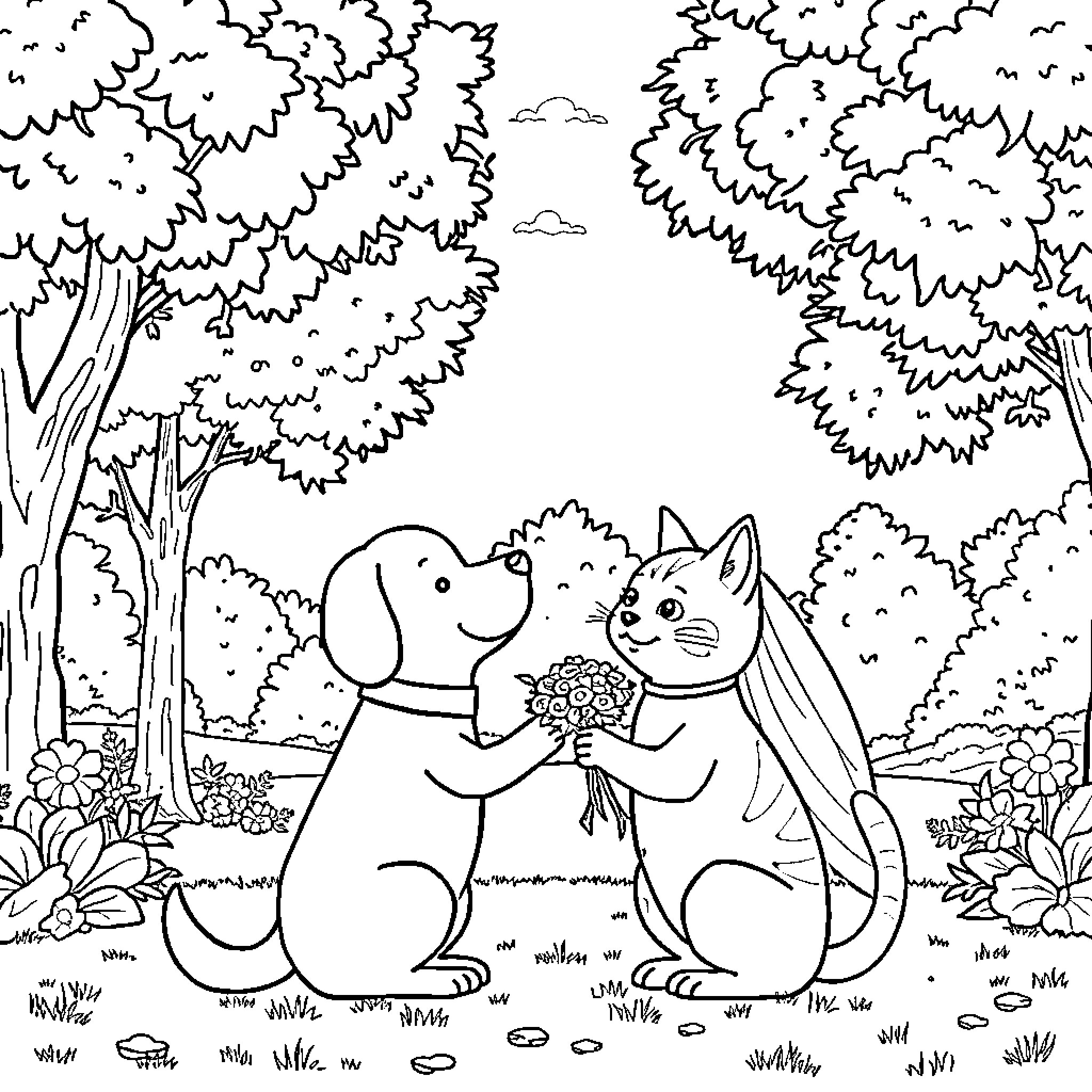 Dog and Cat playing together in the forest Coloring Page (free black-and-white line drawing printable PDF for all, from beginners to advanced learners, including children, teens, adults, and seniors)