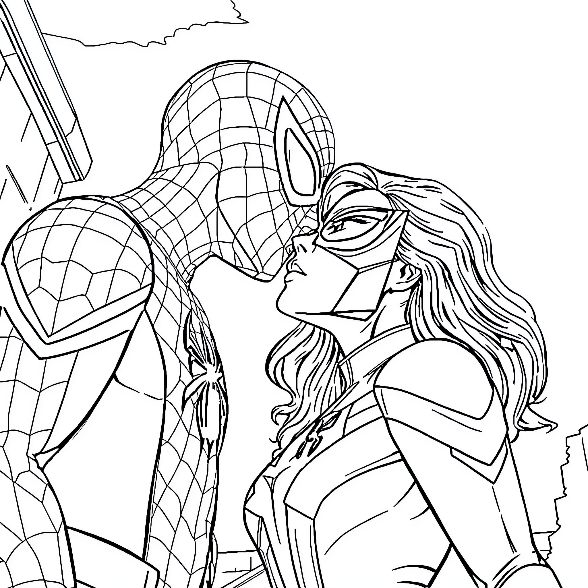 Spiderman and female hero in close embrace Coloring Page (free black-and-white line drawing printable PDF for all, from beginners to advanced learners, including children, teens, adults, and seniors)