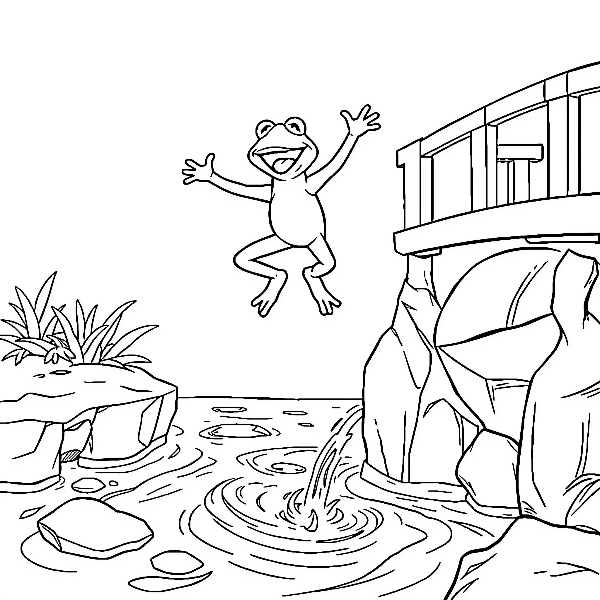 Kermit jumping happily near the pond Coloring Page (free black-and-white line drawing printable PDF for all, from beginners to advanced learners, including children, teens, adults, and seniors)
