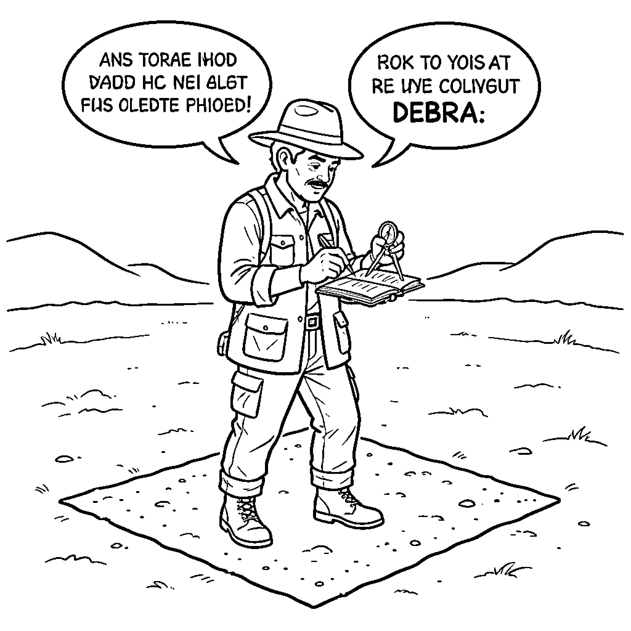 Archeologist examining ancient text in a desert field Coloring Page (free black-and-white line drawing printable PDF for all, from beginners to advanced learners, including children, teens, adults, and seniors)