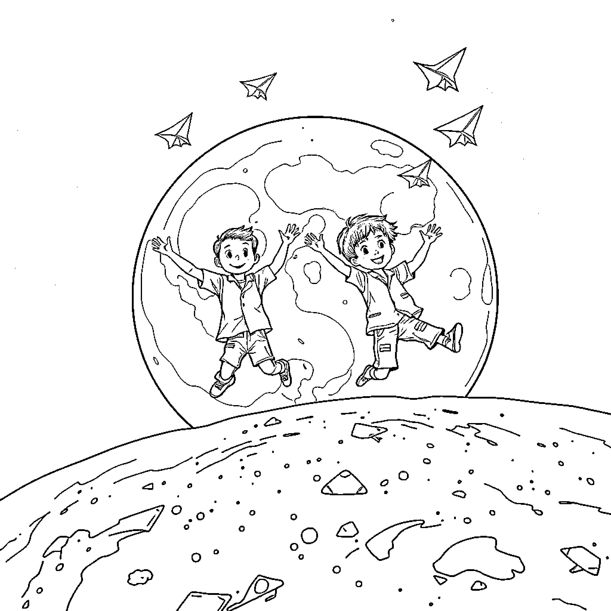 Boy playing happily with paper airplanes in the sky Coloring Page (free black-and-white line drawing printable PDF for all, from beginners to advanced learners, including children, teens, adults, and seniors)
