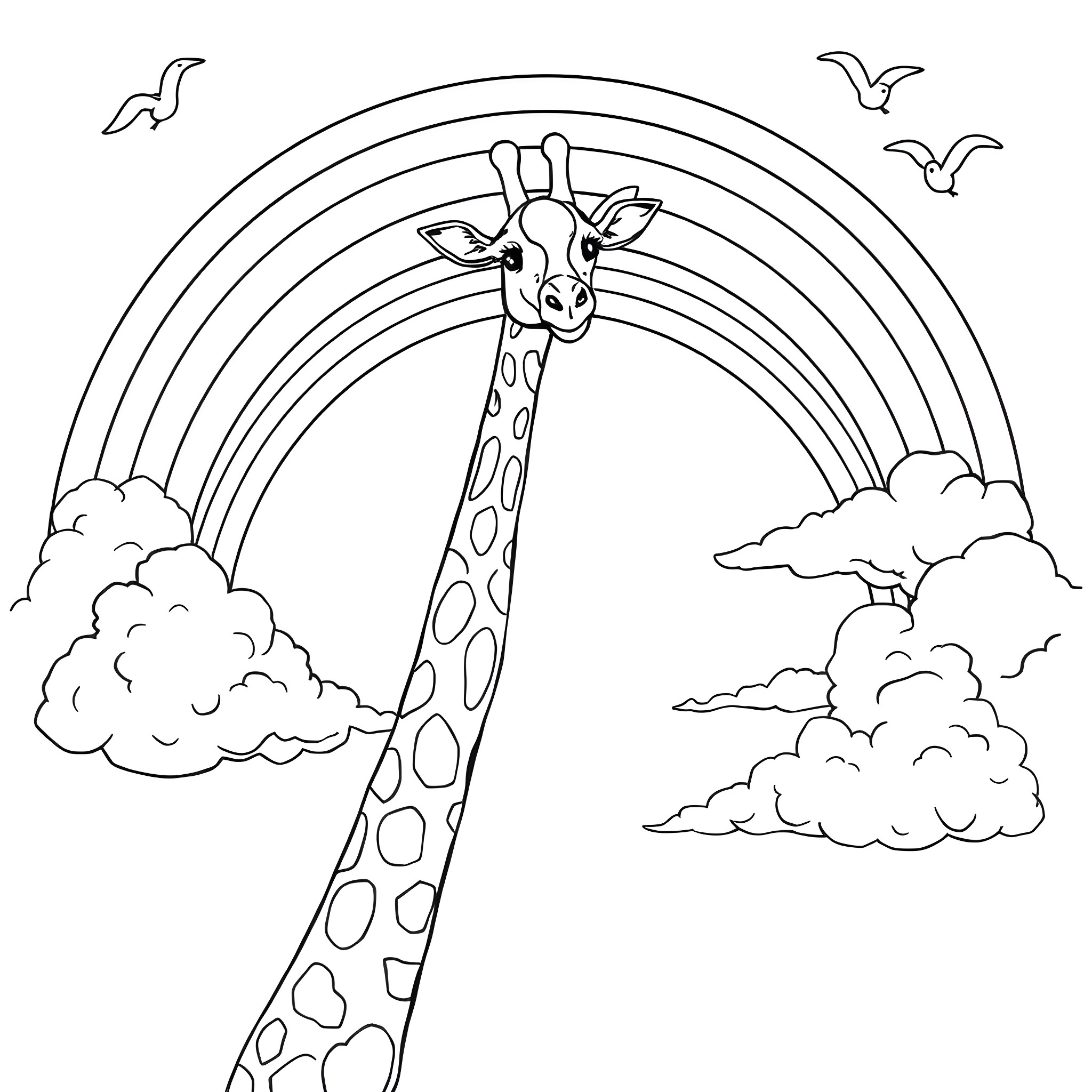 Giraffe Enjoying the Colorful Skies Coloring Page (free black-and-white line drawing printable PDF for all, from beginners to advanced learners, including children, teens, adults, and seniors)