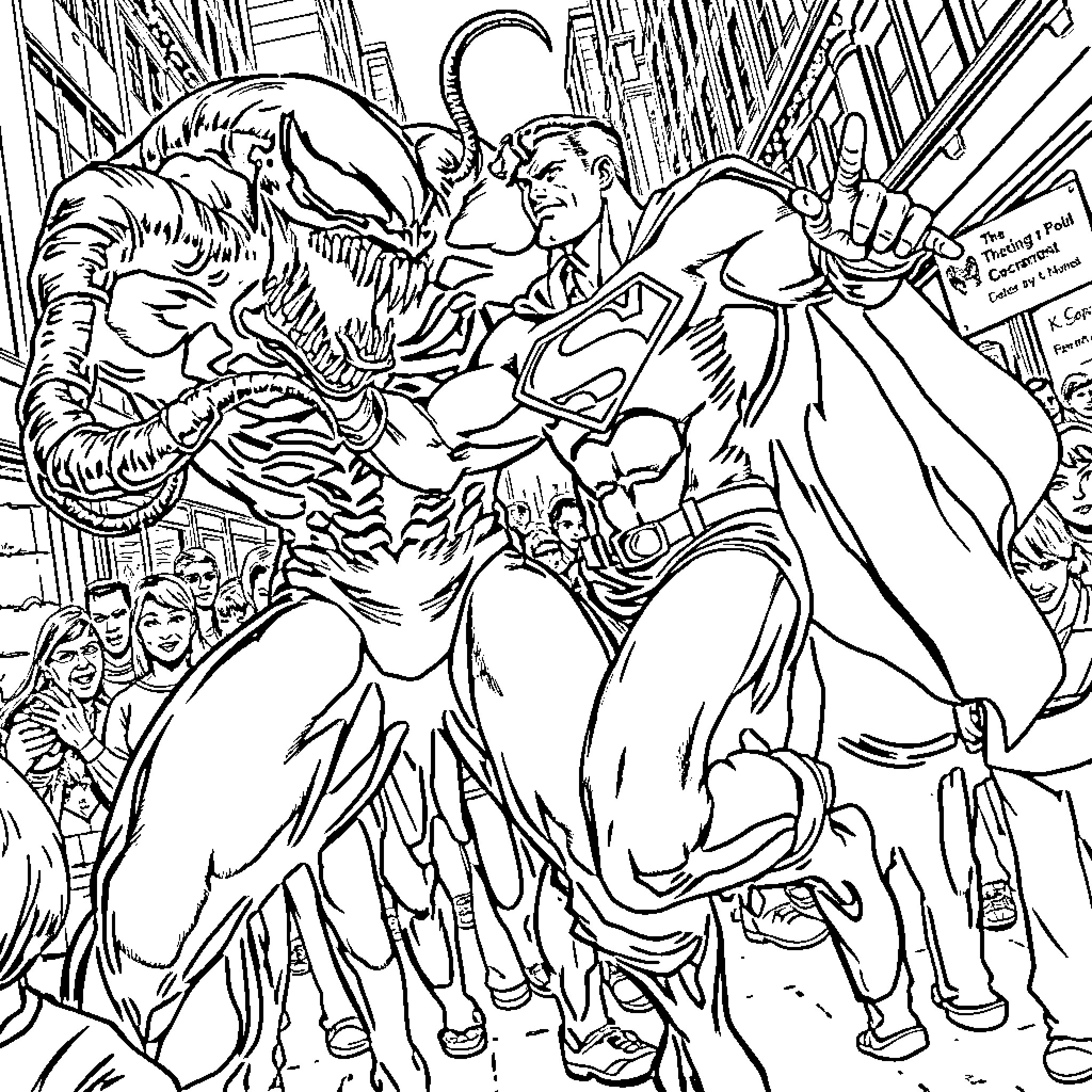 Superman battling a monstrous villain in the city Coloring Page (free black-and-white line drawing printable PDF for all, from beginners to advanced learners, including children, teens, adults, and seniors)