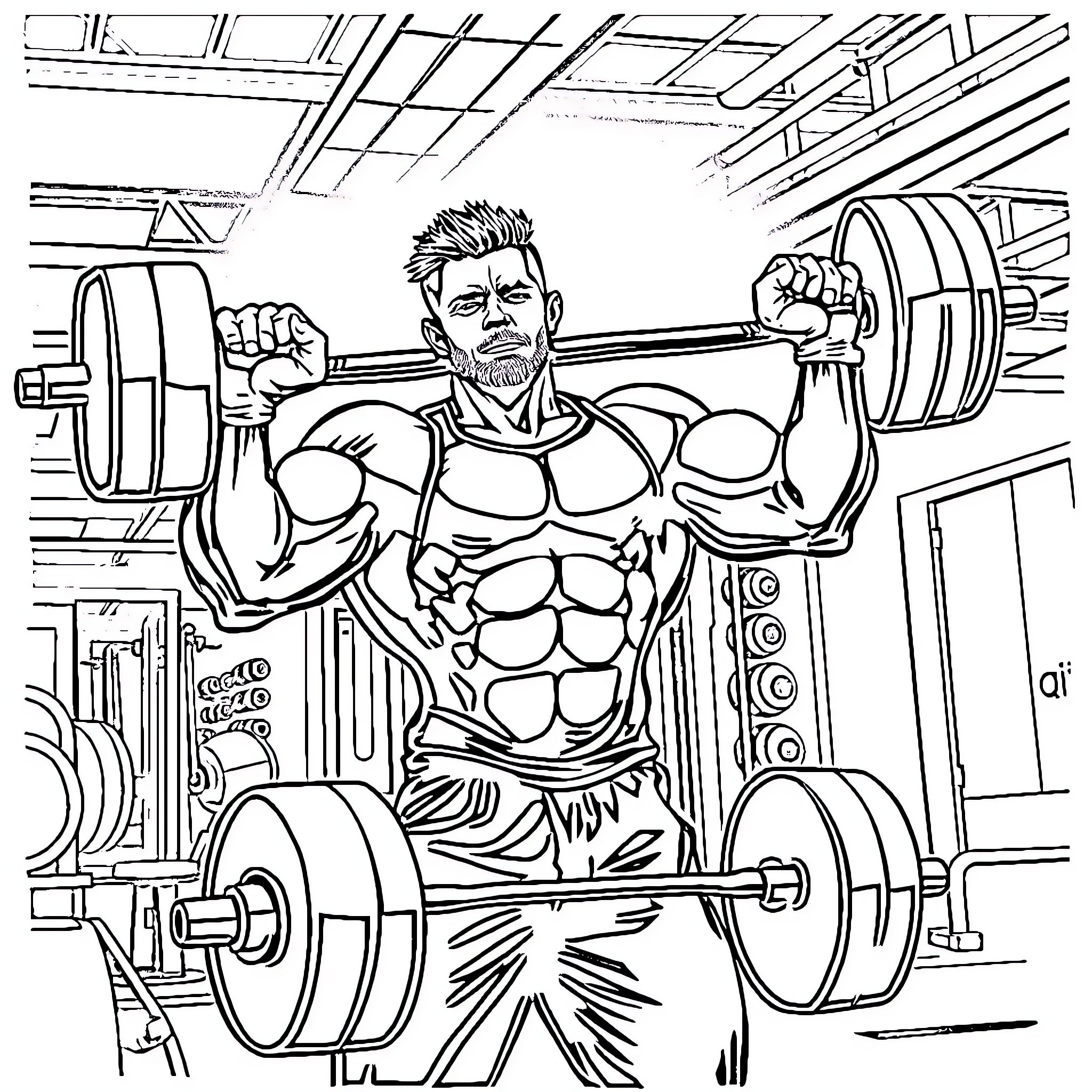 Bluey's Powerlifting Workout in the Gym Coloring Page (free black-and-white line drawing printable PDF for all, from beginners to advanced learners, including children, teens, adults, and seniors)
