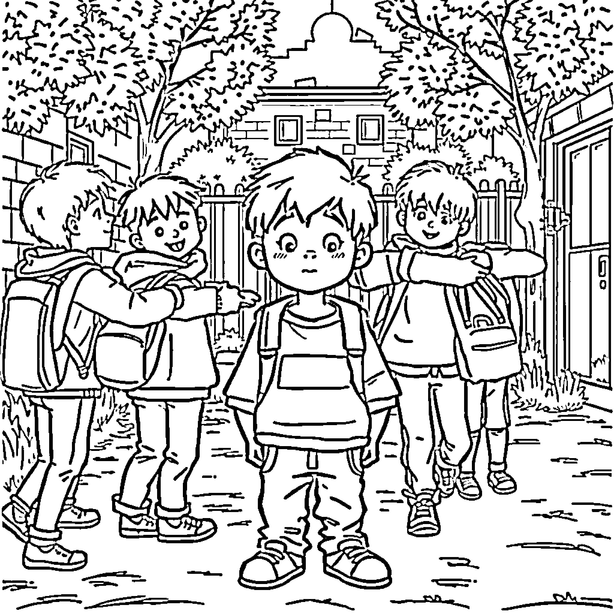 Boy Trio Walking Together on a Sidewalk Coloring Page (free black-and-white line drawing printable PDF for all, from beginners to advanced learners, including children, teens, adults, and seniors)