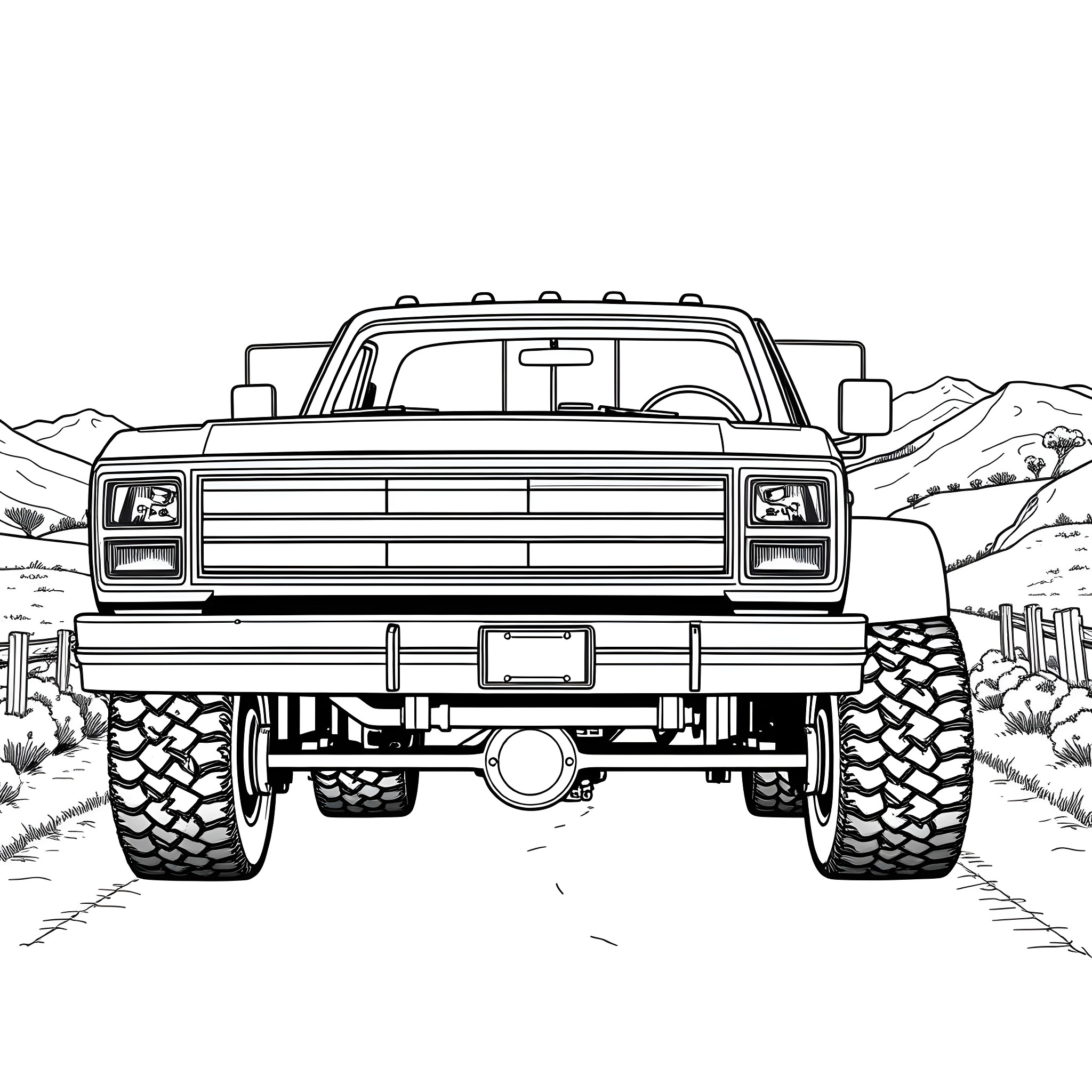 Ford Dually off-road adventure in the mountains Coloring Page (free black-and-white line drawing printable PDF for all, from beginners to advanced learners, including children, teens, adults, and seniors)