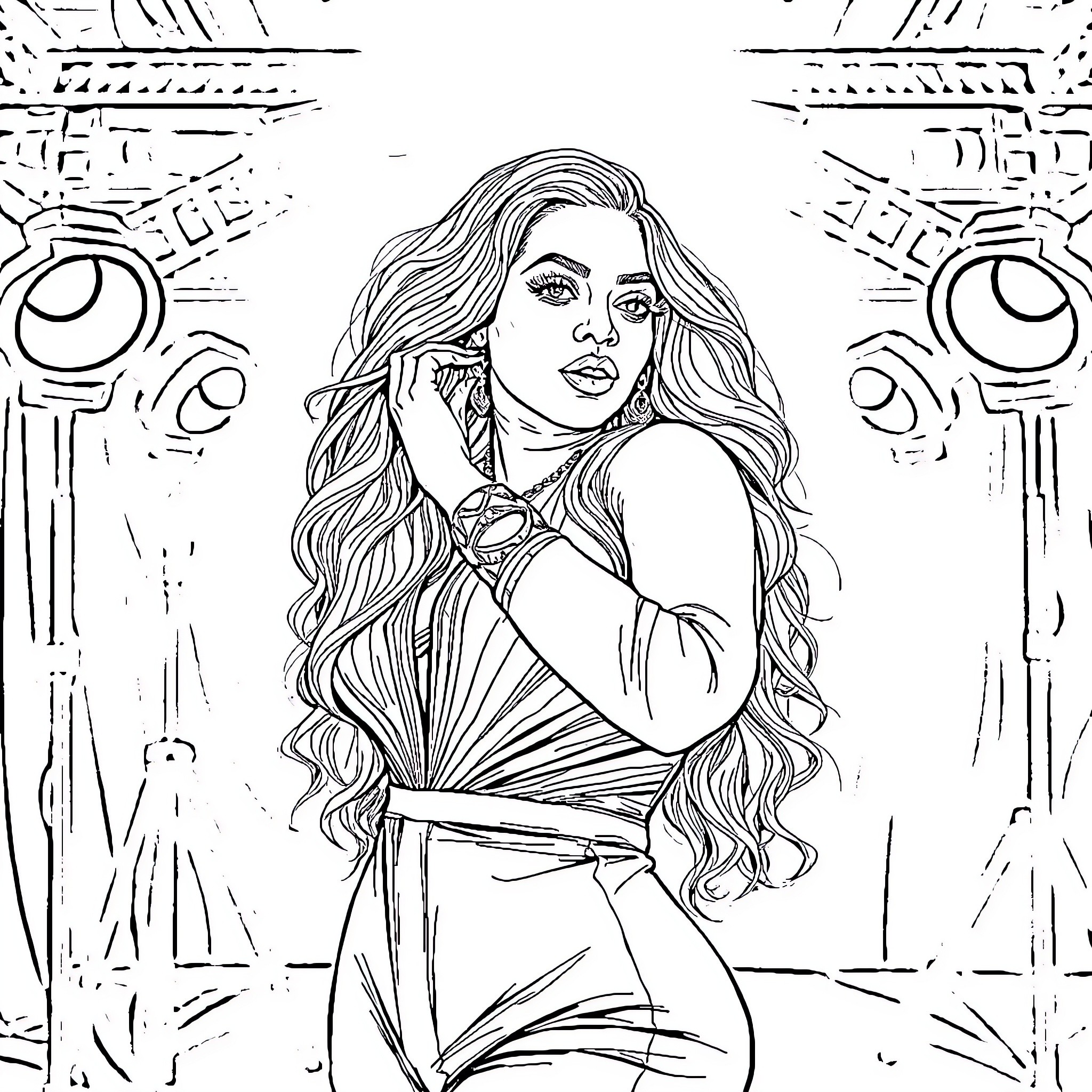 Beyonce performing on stage with flowing hair Coloring Page (free black-and-white line drawing printable PDF for all, from beginners to advanced learners, including children, teens, adults, and seniors)