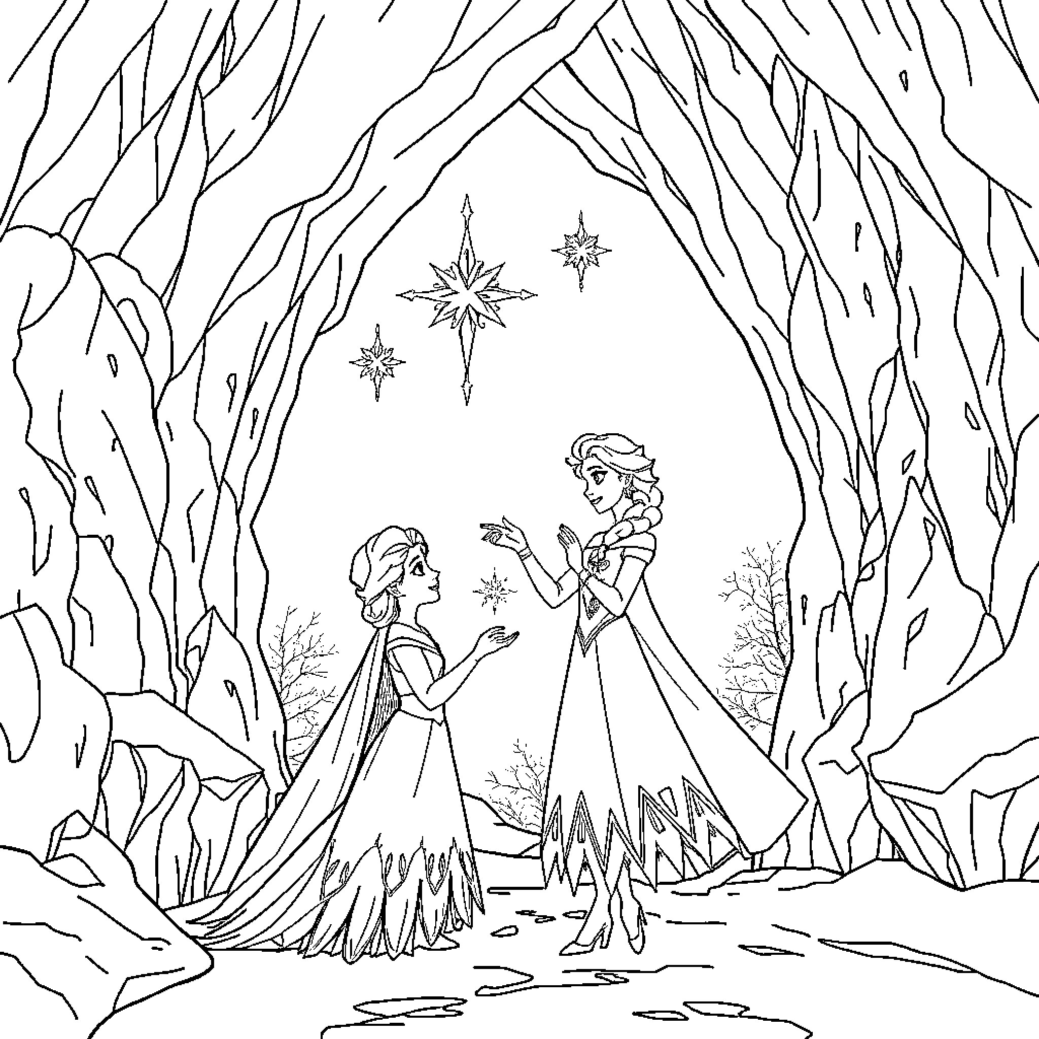Elsa and Anna in the Enchanted Forest Coloring Page (free black-and-white line drawing printable PDF for all, from beginners to advanced learners, including children, teens, adults, and seniors)
