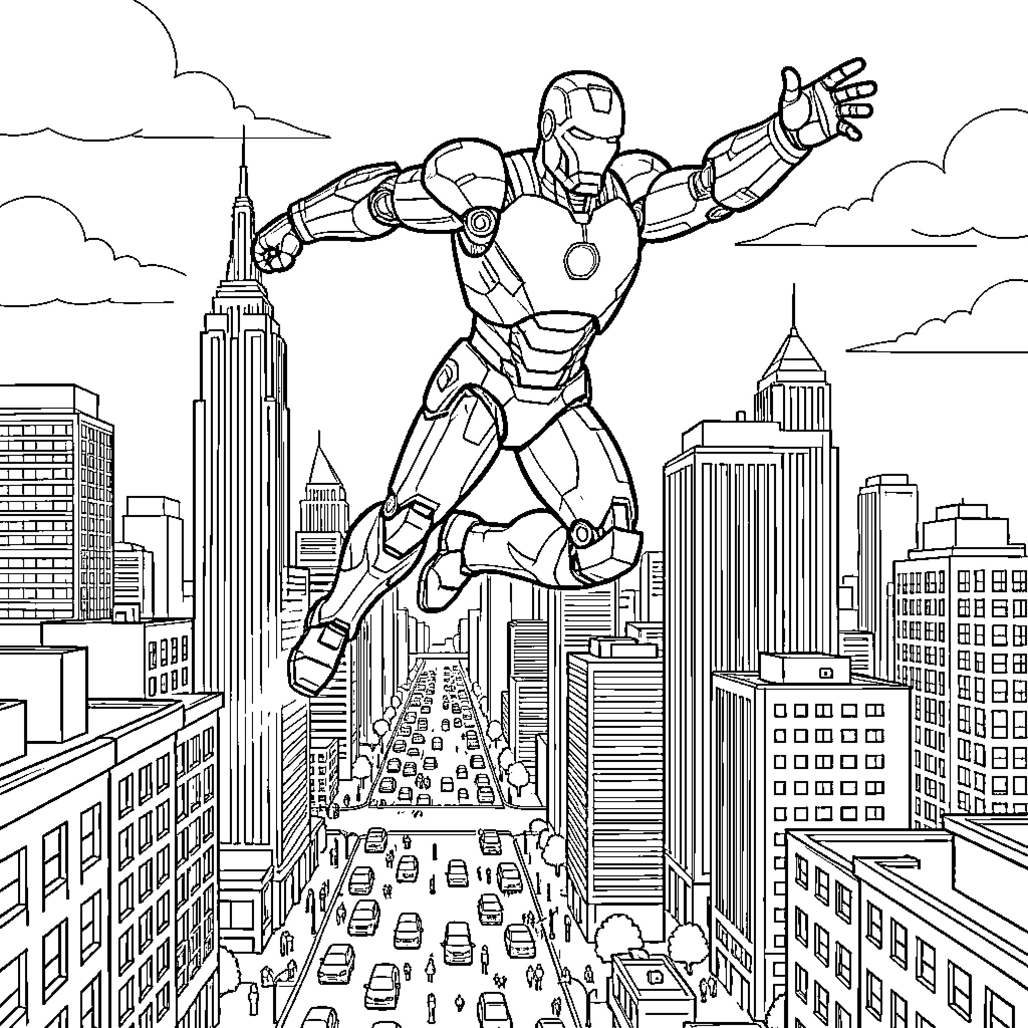 Iron Man flying heroically above a busy city skyline Coloring Page (free black-and-white line drawing printable PDF for all, from beginners to advanced learners, including children, teens, adults, and seniors)