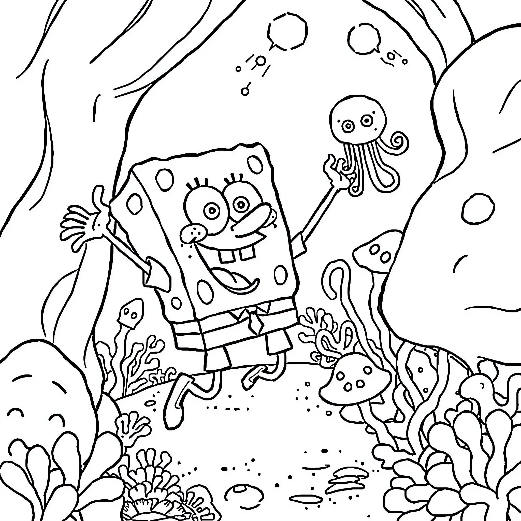 Spongebob explores the underwater world with friends Coloring Page (free black-and-white line drawing printable PDF for all, from beginners to advanced learners, including children, teens, adults, and seniors)