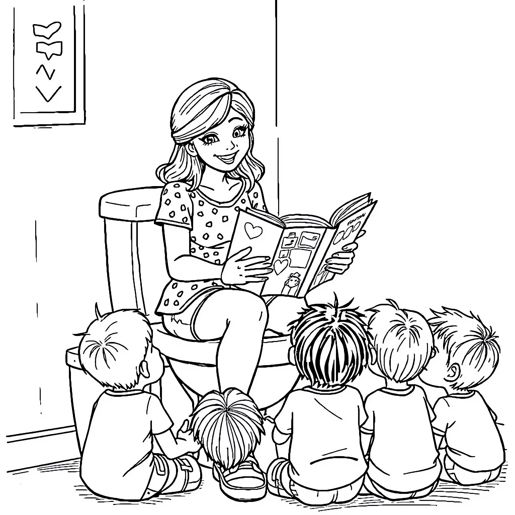 Ms Rachel reading a book to attentive children Coloring Page (free black-and-white line drawing printable PDF for all, from beginners to advanced learners, including children, teens, adults, and seniors)