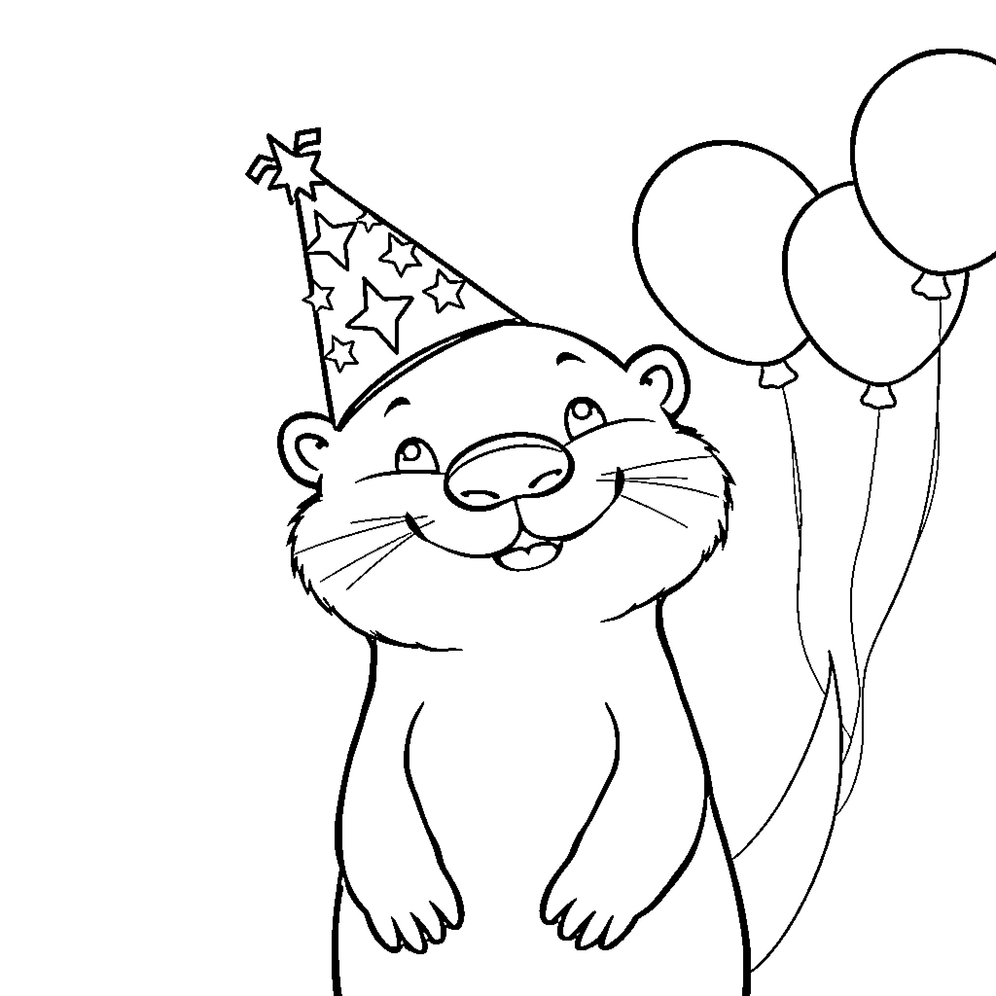 Otter celebrating with balloons and party hat Coloring Page (free black-and-white line drawing printable PDF for all, from beginners to advanced learners, including children, teens, adults, and seniors)