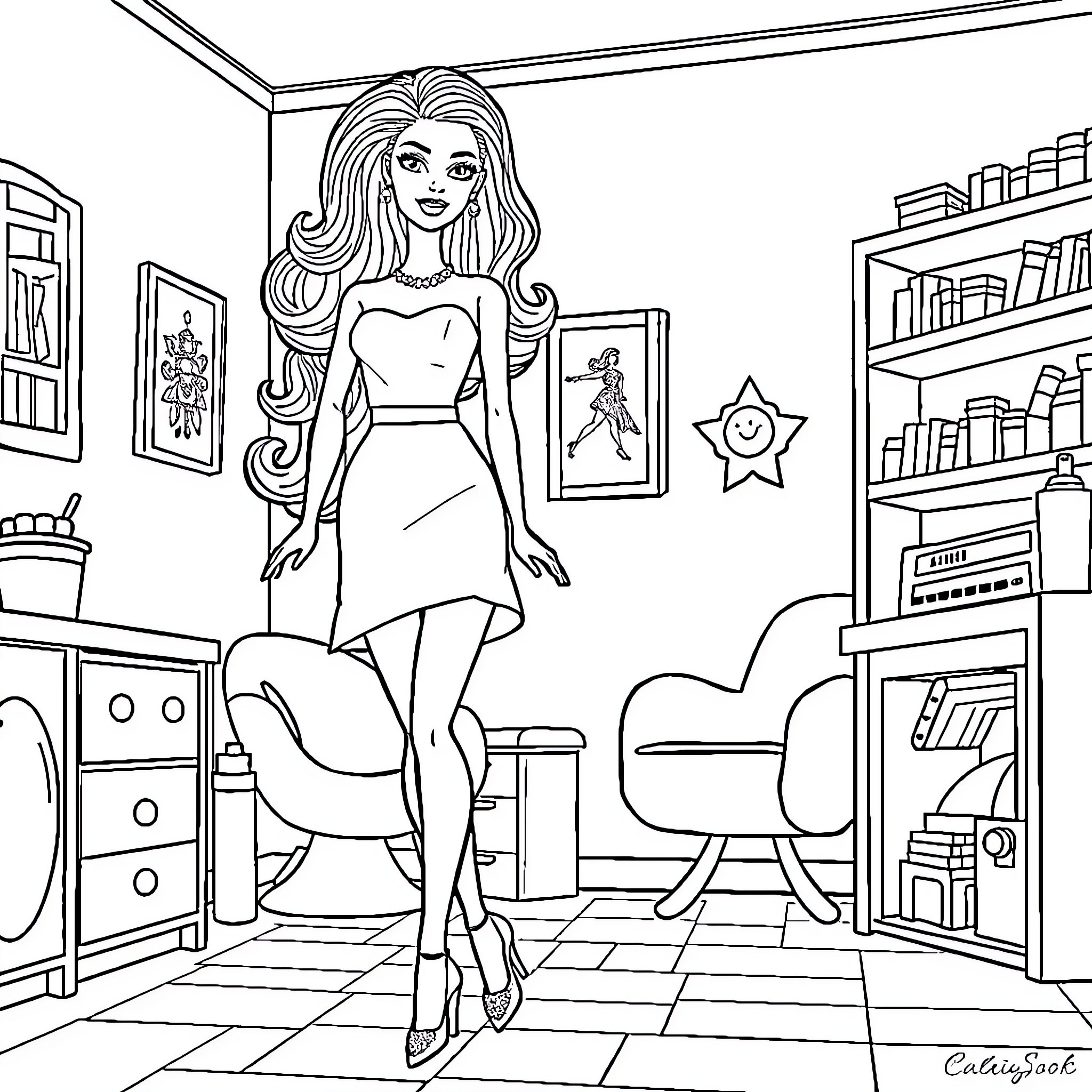 Barbie's Fashionable Moments in Her Room Coloring Page (free black-and-white line drawing printable PDF for all, from beginners to advanced learners, including children, teens, adults, and seniors)