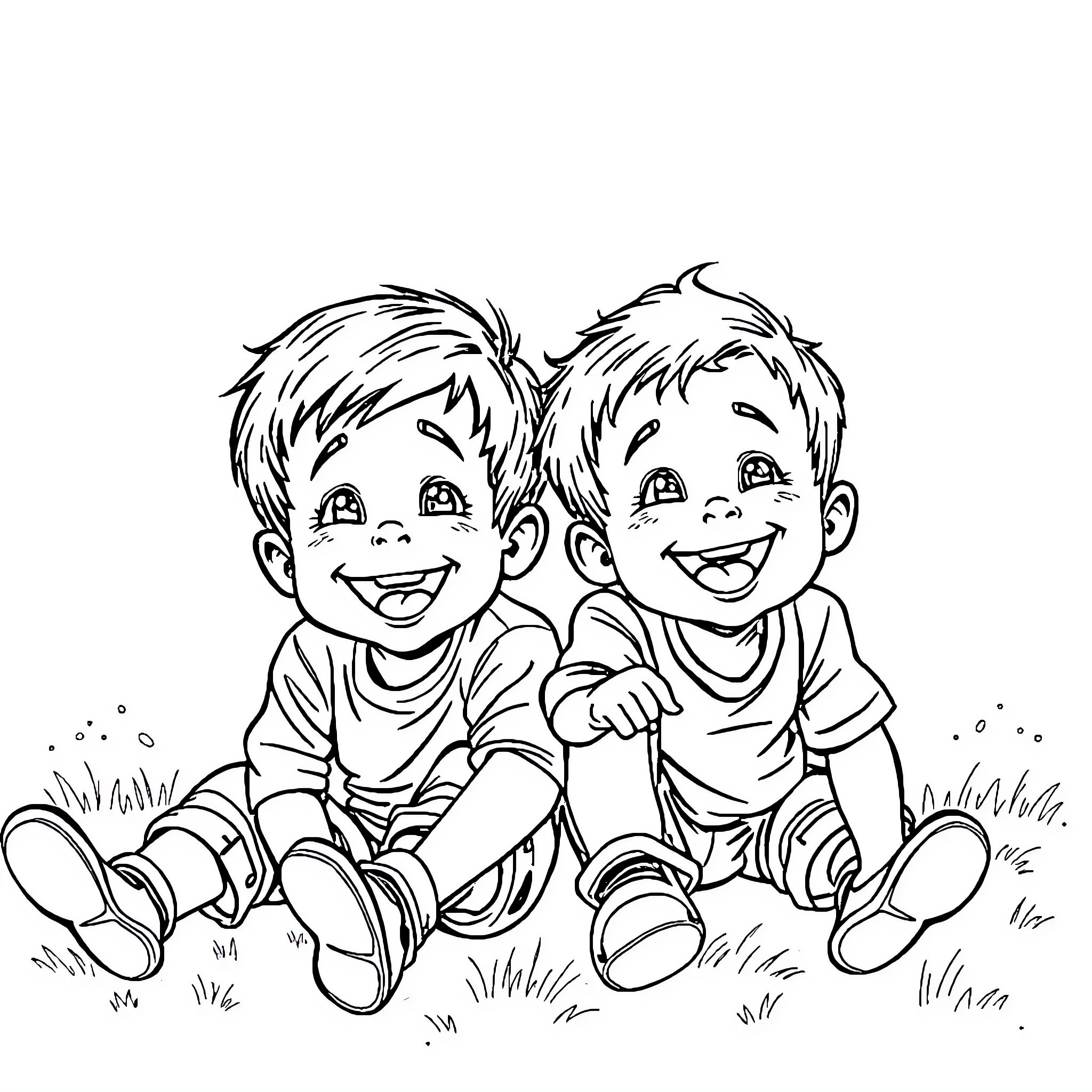 Boy Laughing and Playing on the Grass Coloring Page (free black-and-white line drawing printable PDF for all, from beginners to advanced learners, including children, teens, adults, and seniors)